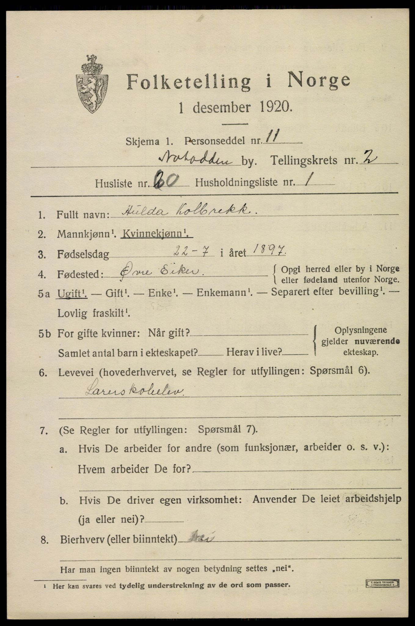 SAKO, 1920 census for Notodden, 1920, p. 7568