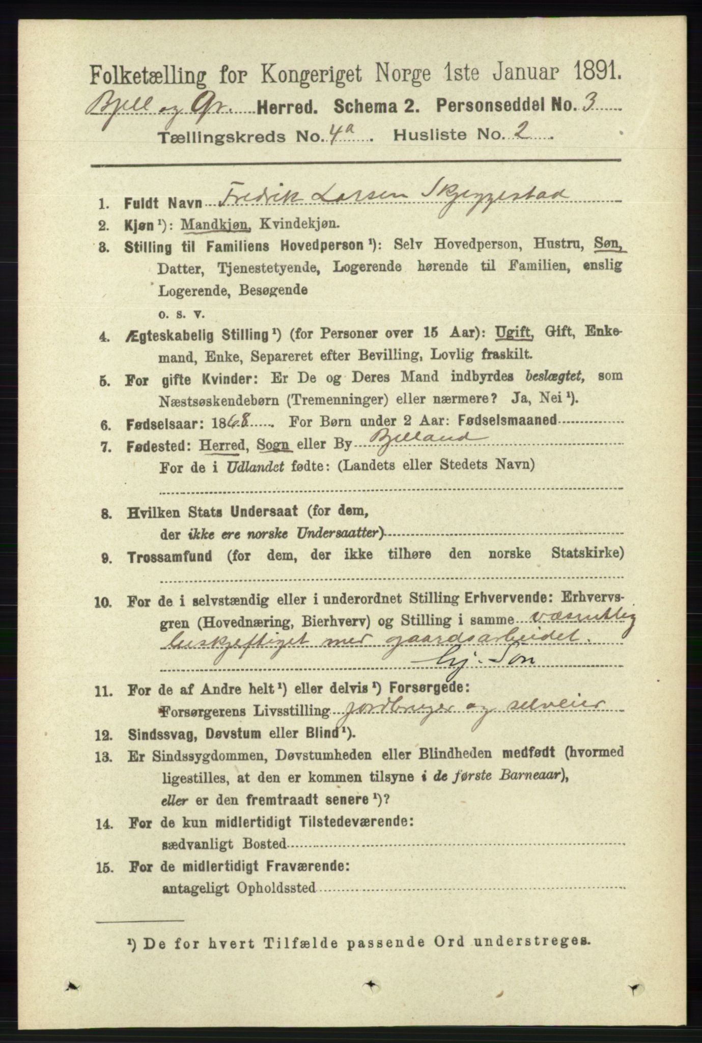 RA, 1891 census for 1024 Bjelland og Grindheim, 1891, p. 2088