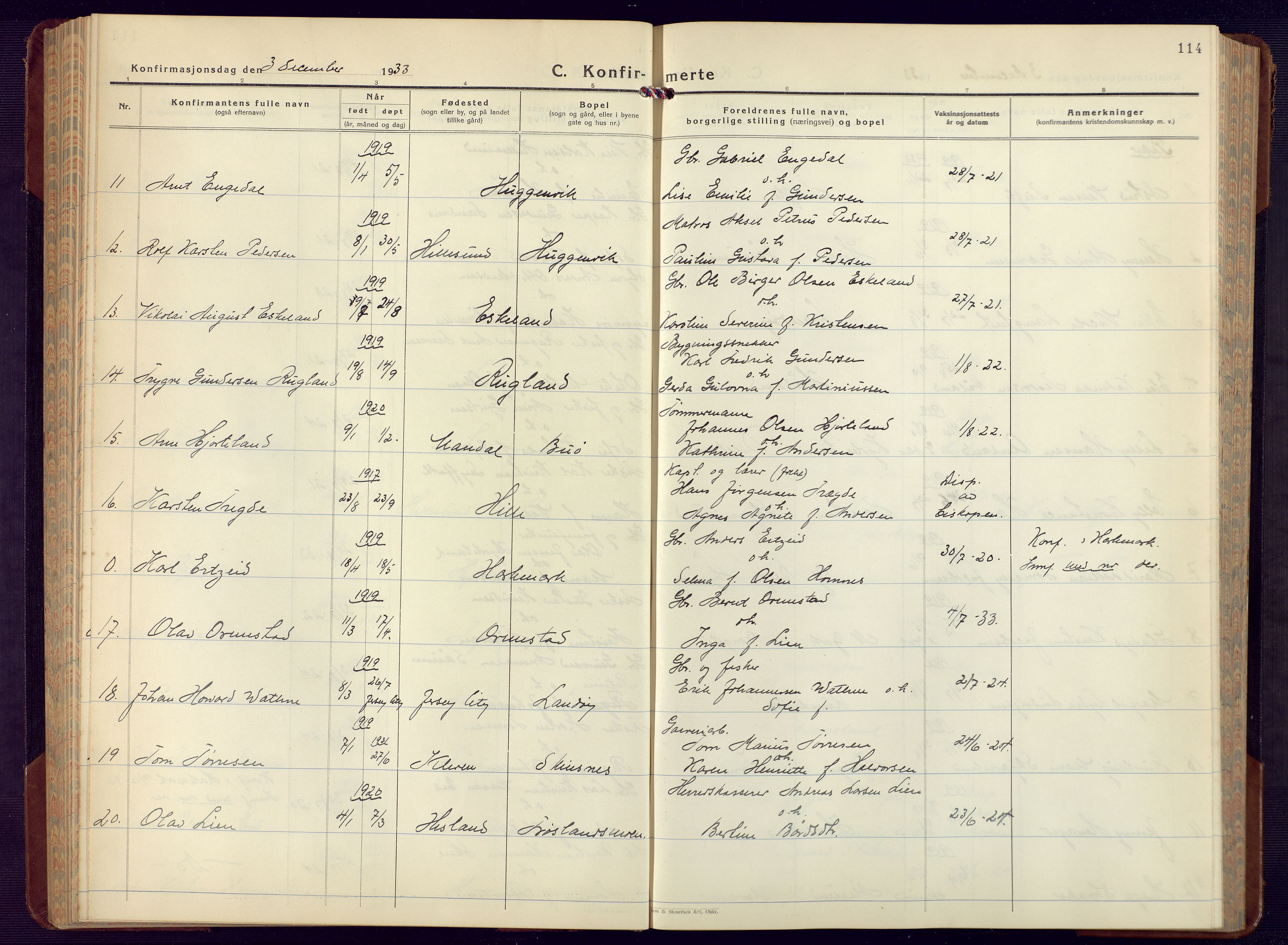 Mandal sokneprestkontor, AV/SAK-1111-0030/F/Fb/Fba/L0014: Parish register (copy) no. B 8, 1932-1952, p. 114