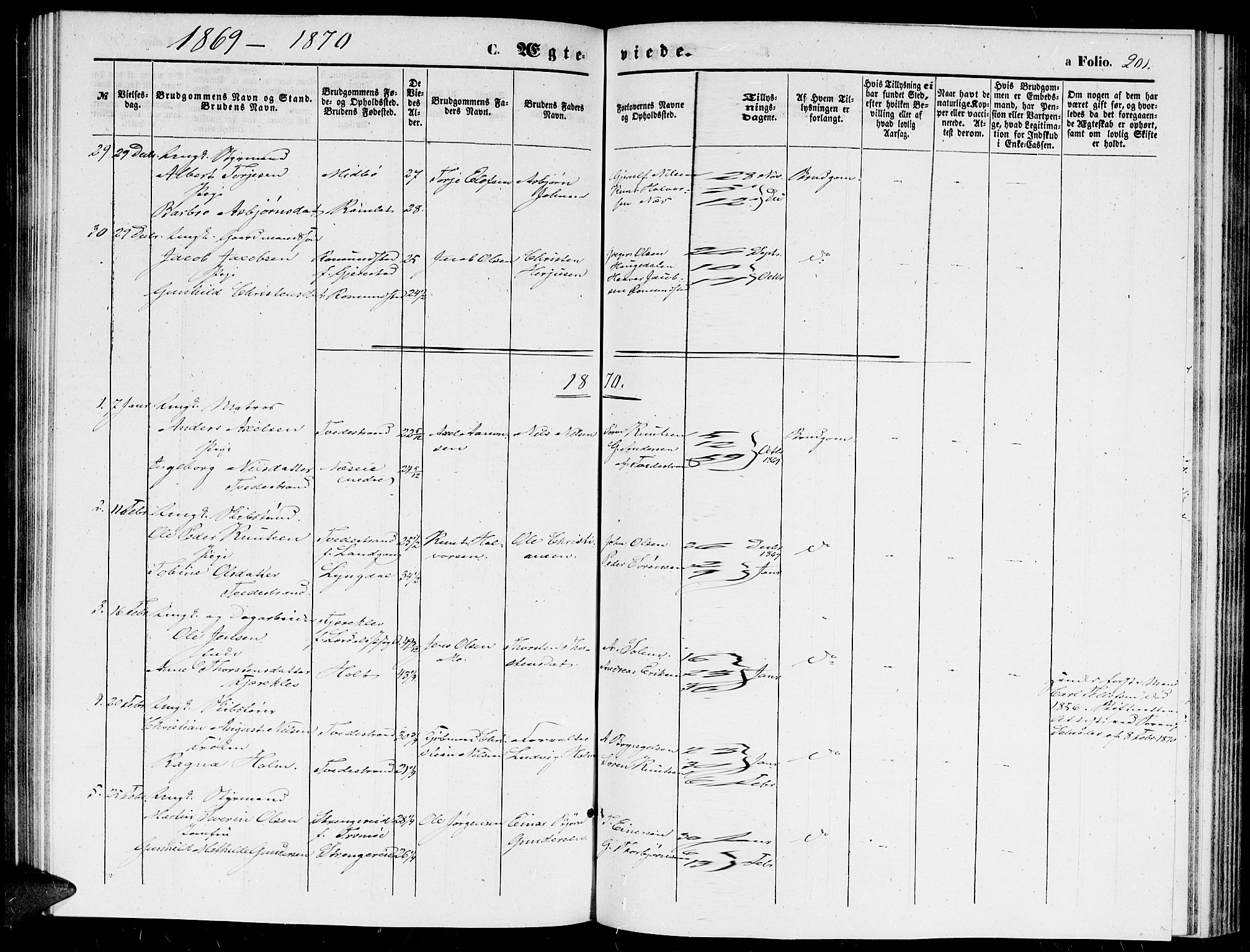 Holt sokneprestkontor, SAK/1111-0021/F/Fb/L0008: Parish register (copy) no. B 8, 1858-1871, p. 201