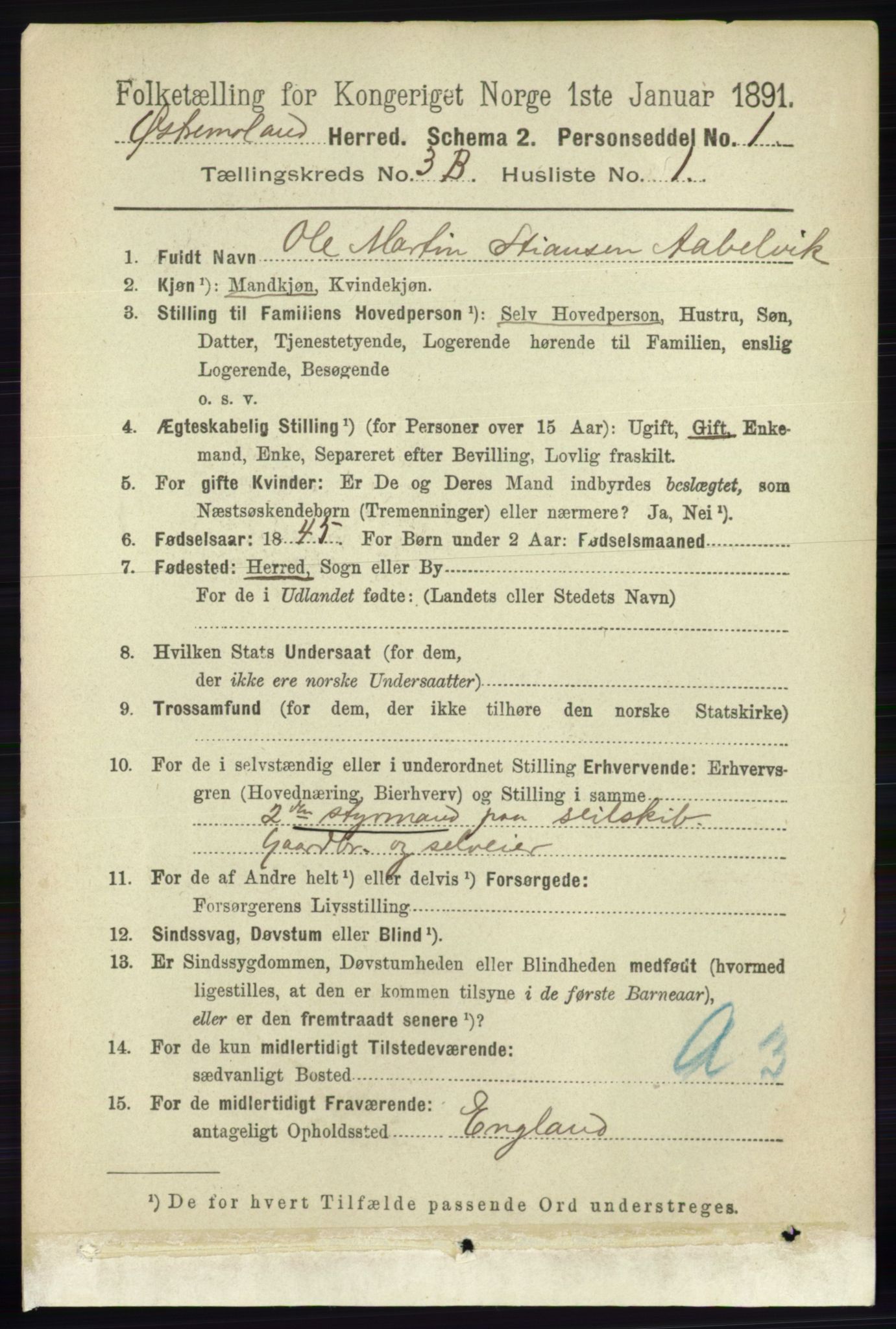 RA, 1891 census for 0918 Austre Moland, 1891, p. 1742