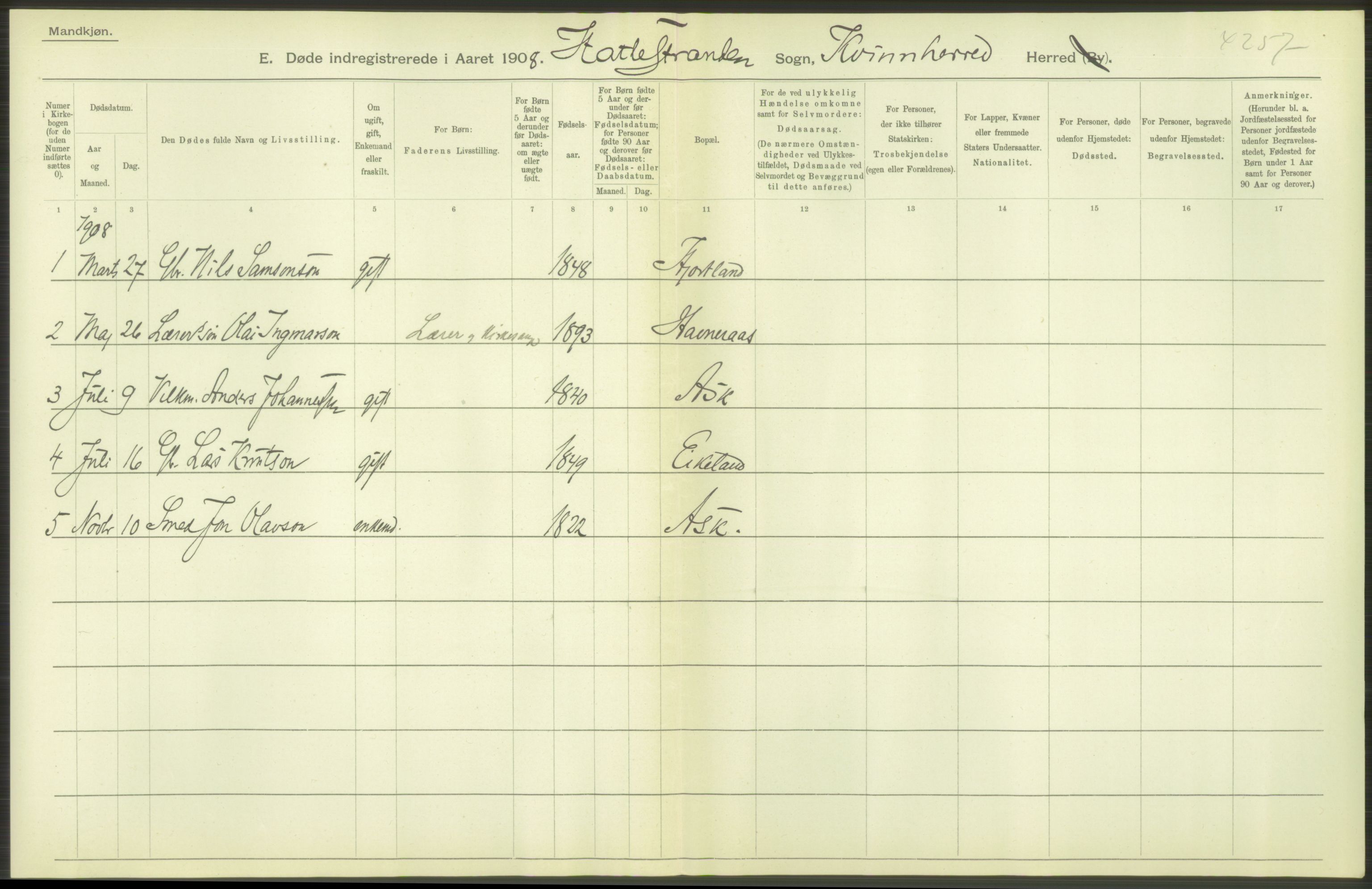 Statistisk sentralbyrå, Sosiodemografiske emner, Befolkning, AV/RA-S-2228/D/Df/Dfa/Dfaf/L0029: S. Bergenhus amt: Døde. Bygder., 1908, p. 18