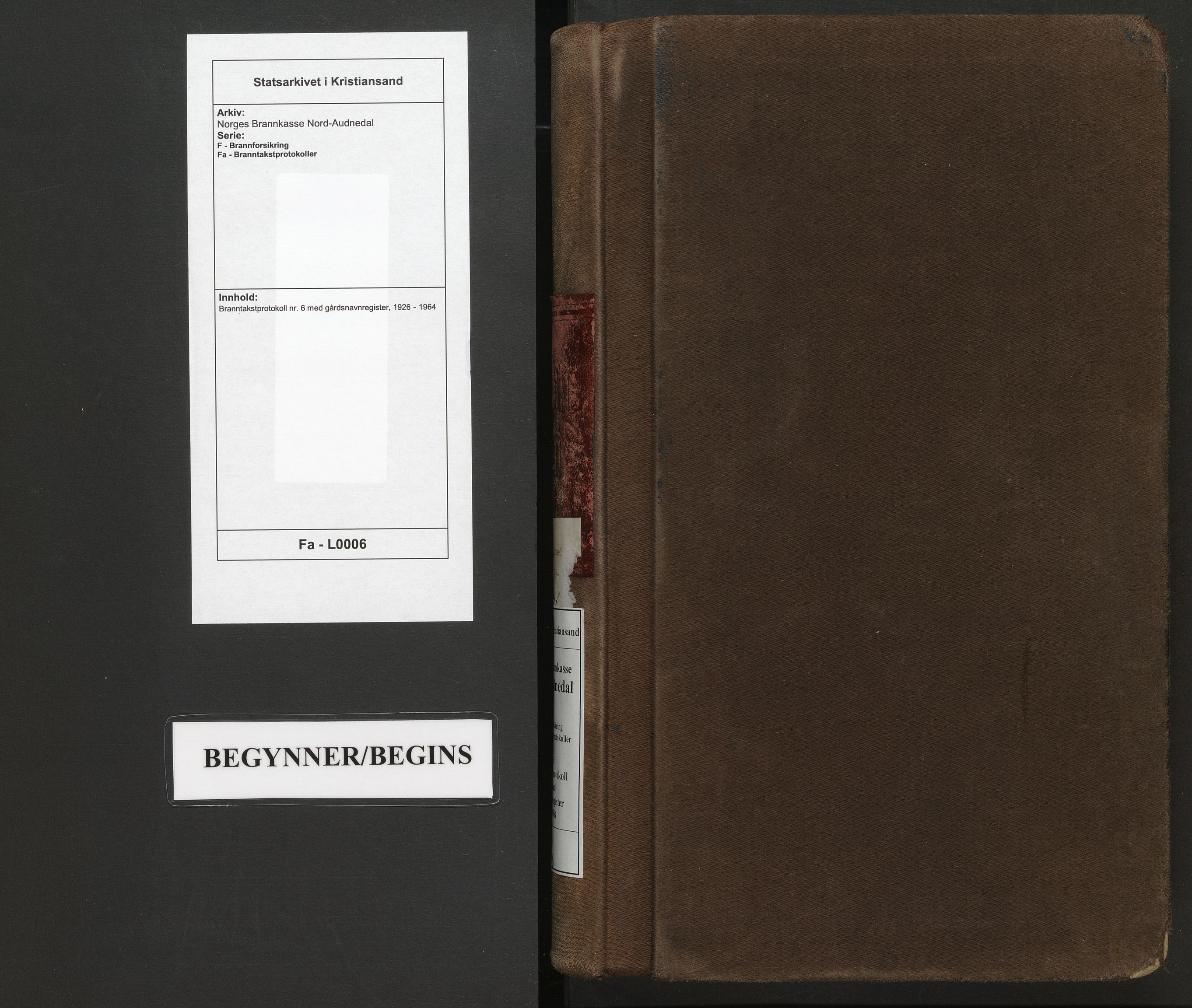 Norges Brannkasse Nord-Audnedal, AV/SAK-2241-0041/F/Fa/L0006: Branntakstprotokoll nr. 6 med gårdsnavnregister, 1926-1964