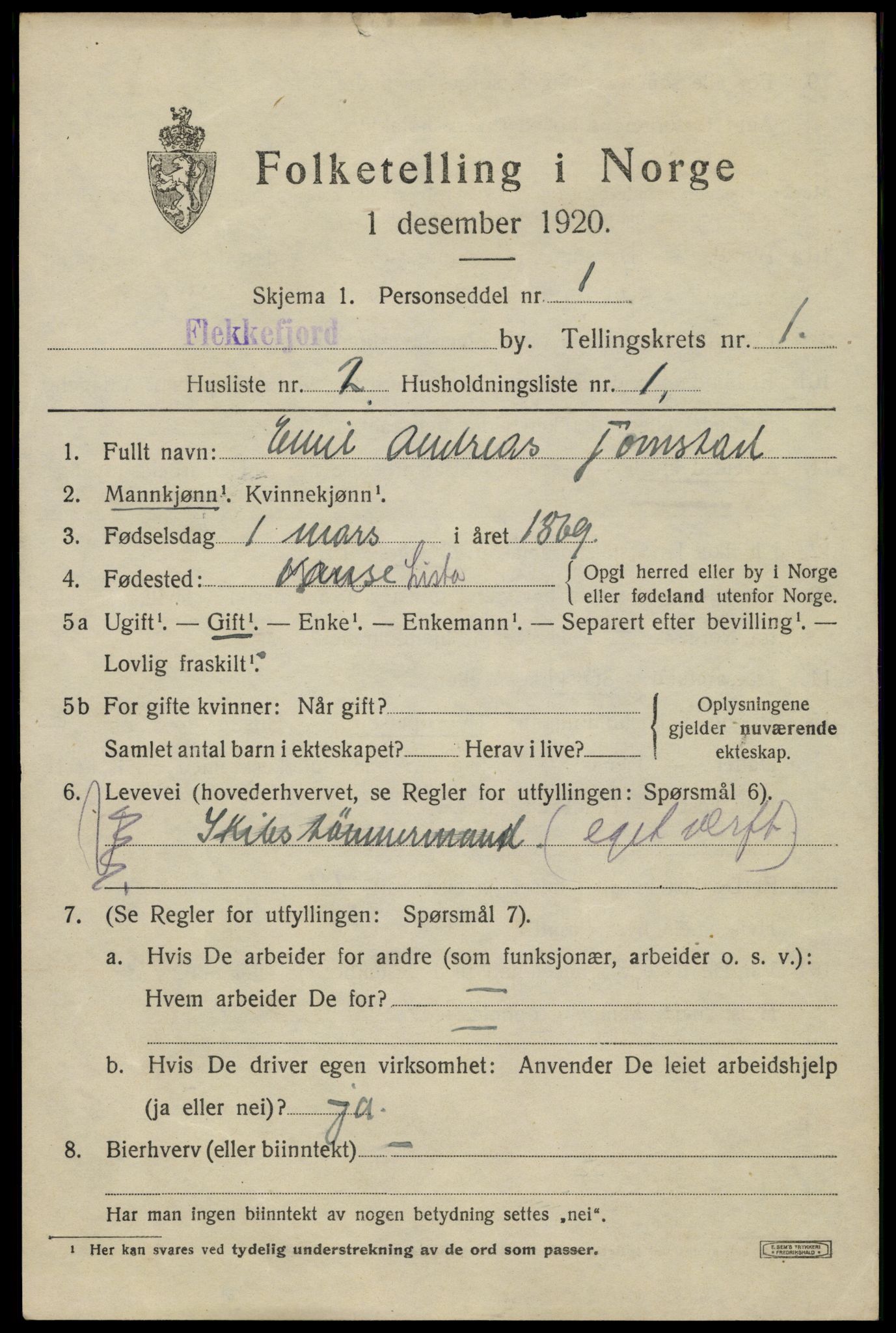 SAK, 1920 census for Flekkefjord, 1920, p. 1910