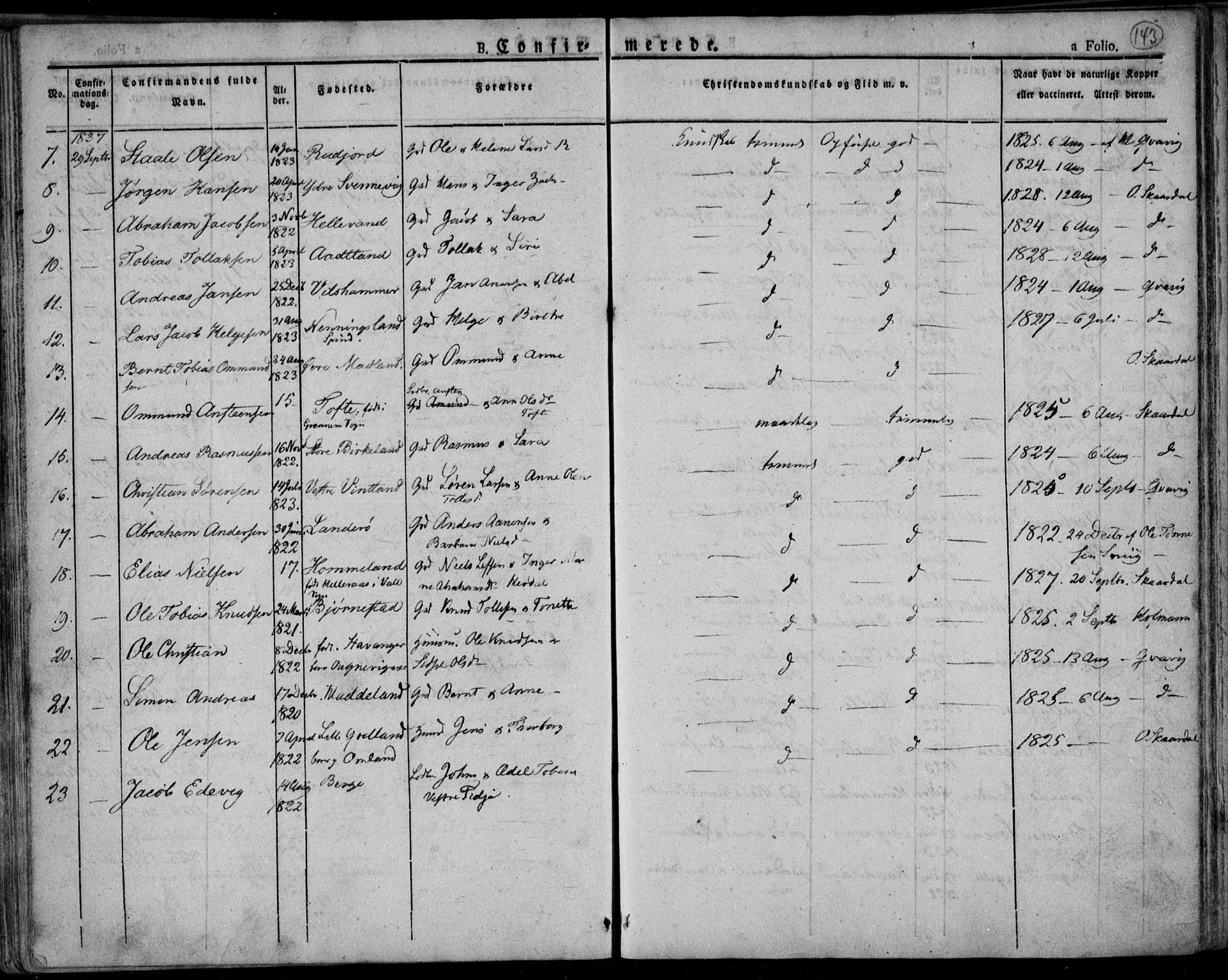 Lyngdal sokneprestkontor, AV/SAK-1111-0029/F/Fa/Fac/L0007: Parish register (official) no. A 7, 1825-1838, p. 143