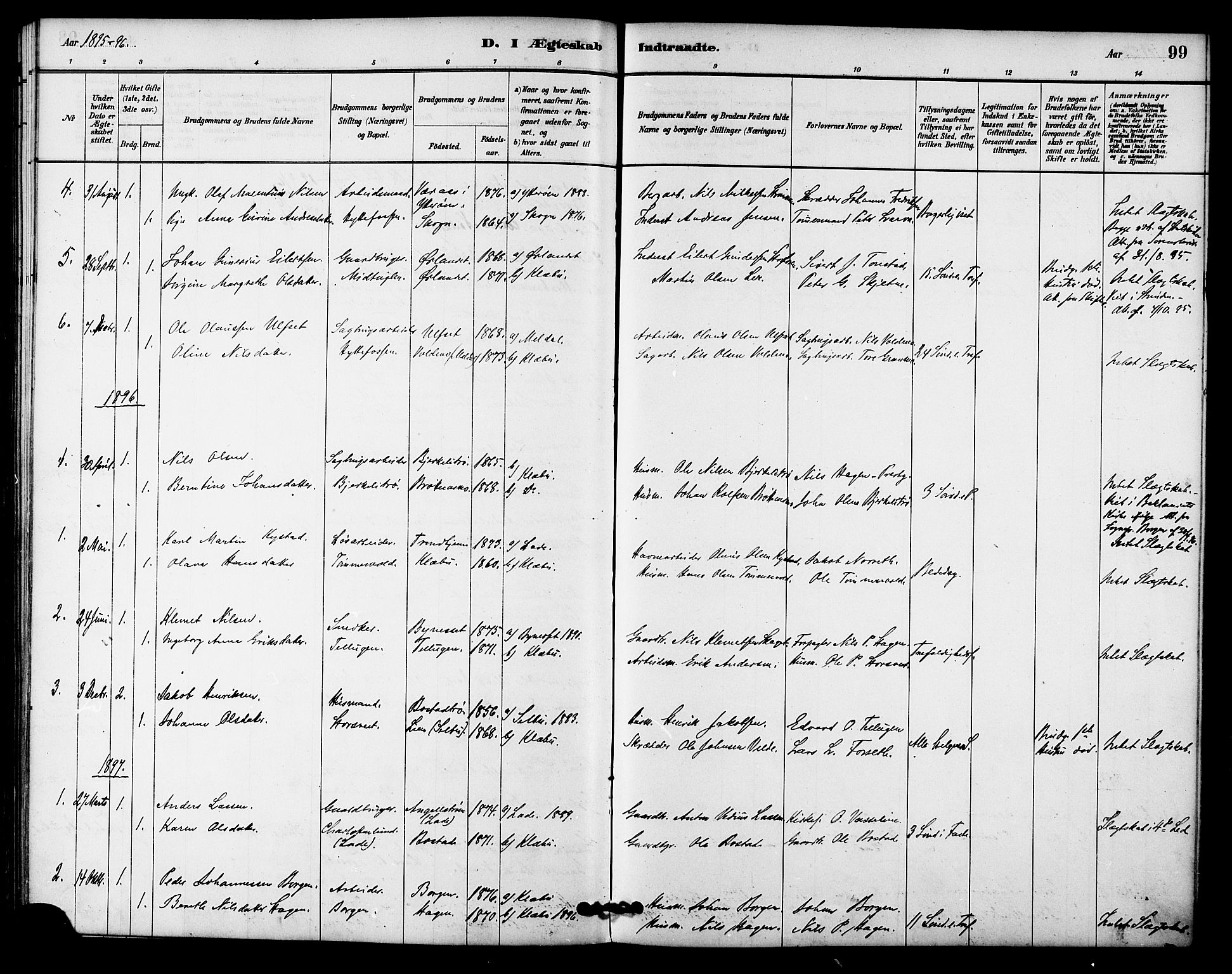 Ministerialprotokoller, klokkerbøker og fødselsregistre - Sør-Trøndelag, SAT/A-1456/618/L0444: Parish register (official) no. 618A07, 1880-1898, p. 99