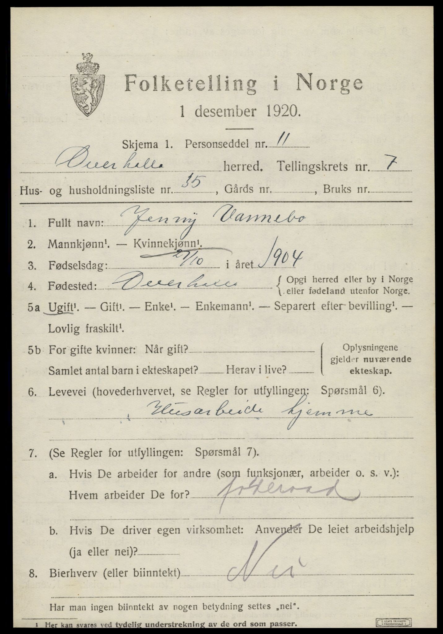 SAT, 1920 census for Overhalla, 1920, p. 5386