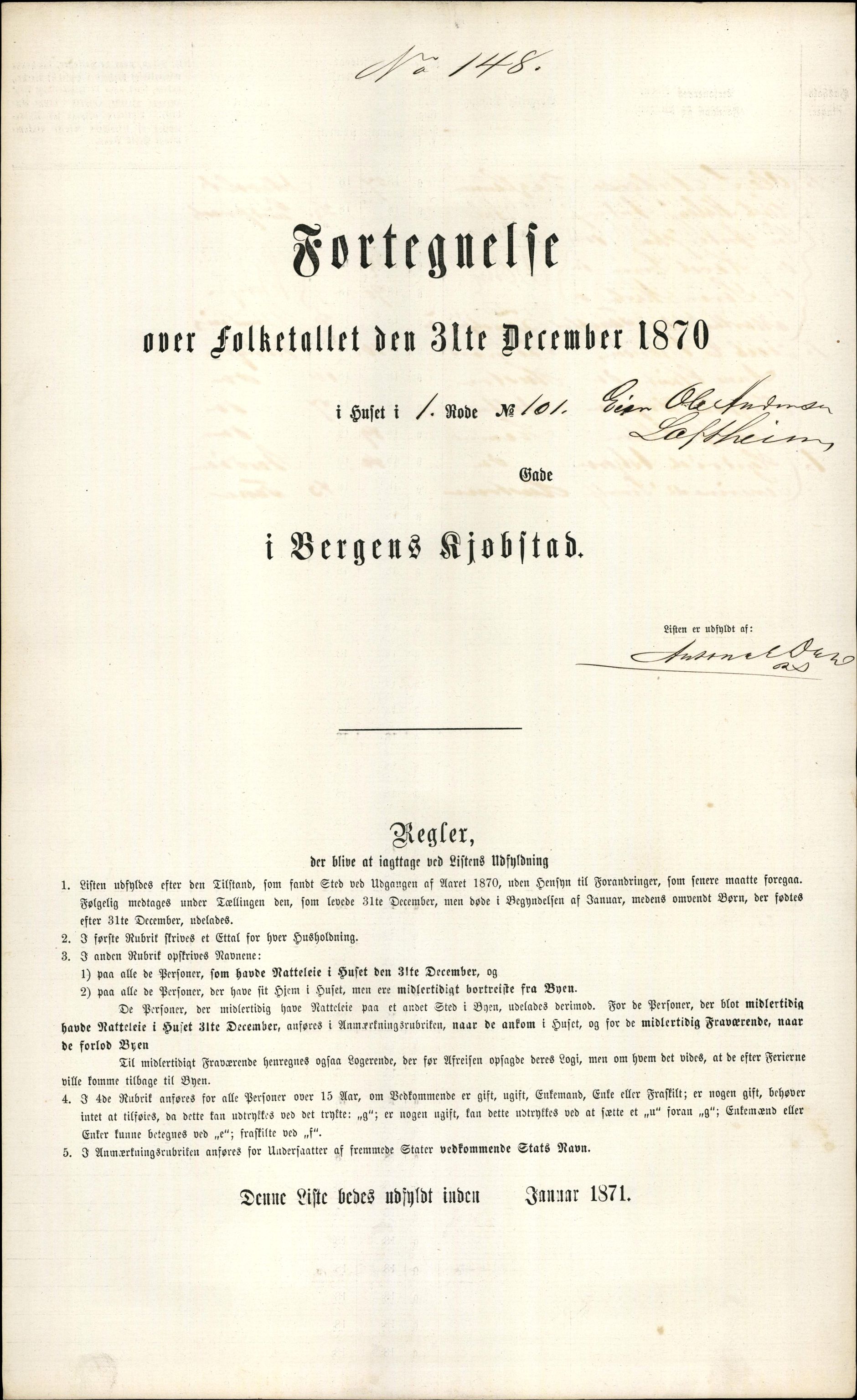 RA, 1870 census for 1301 Bergen, 1870