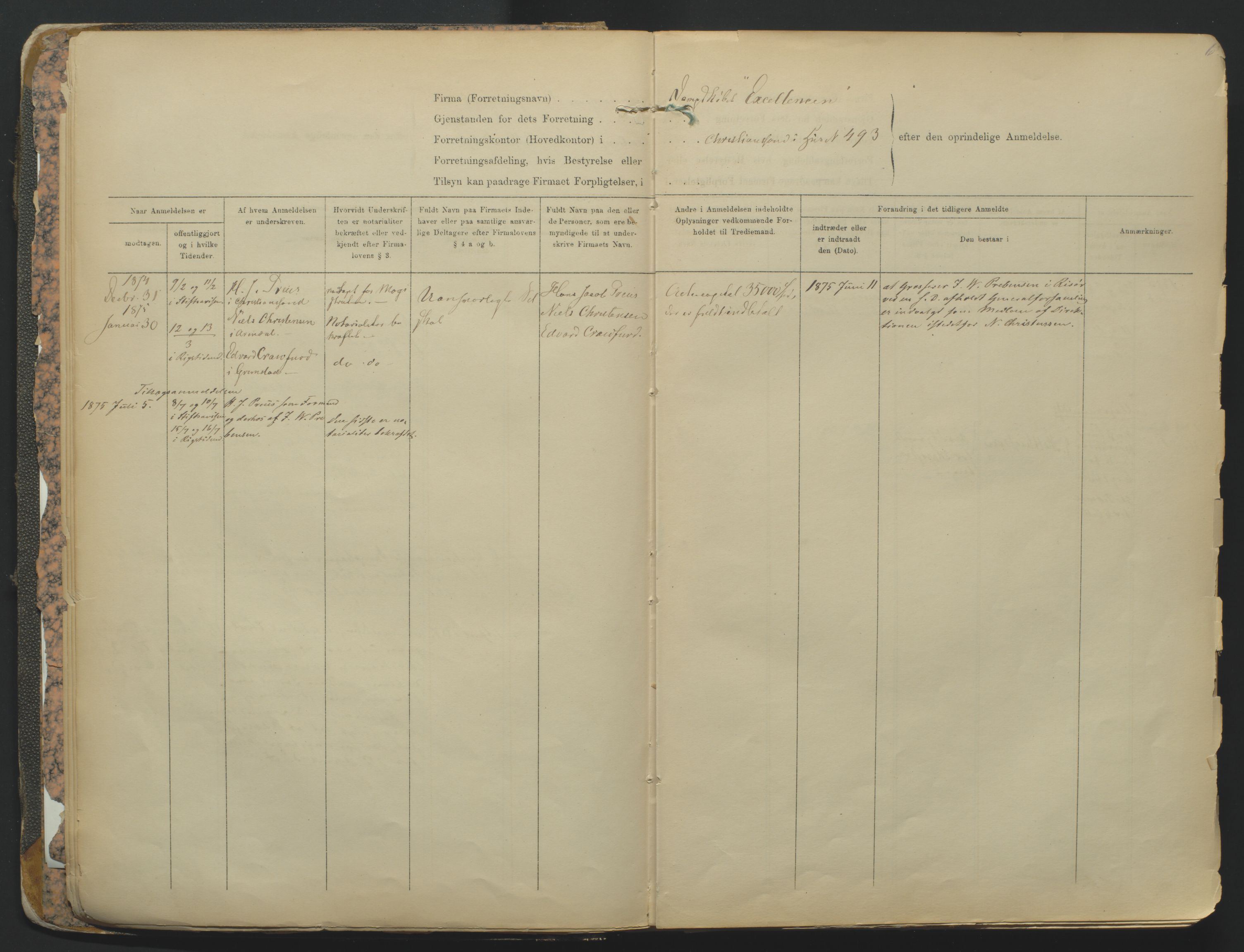 Kristiansand byrett, SAK/1223-0001/K/Kb/L0001: Firmaregister A, med register, 1874-1890, p. 6