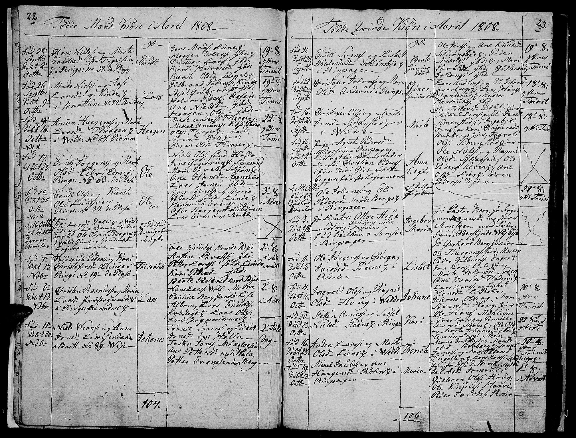 Ringsaker prestekontor, AV/SAH-PREST-014/I/Ia/L0005/0008: Parish register draft no. 5.8, 1807-1811, p. 22-23