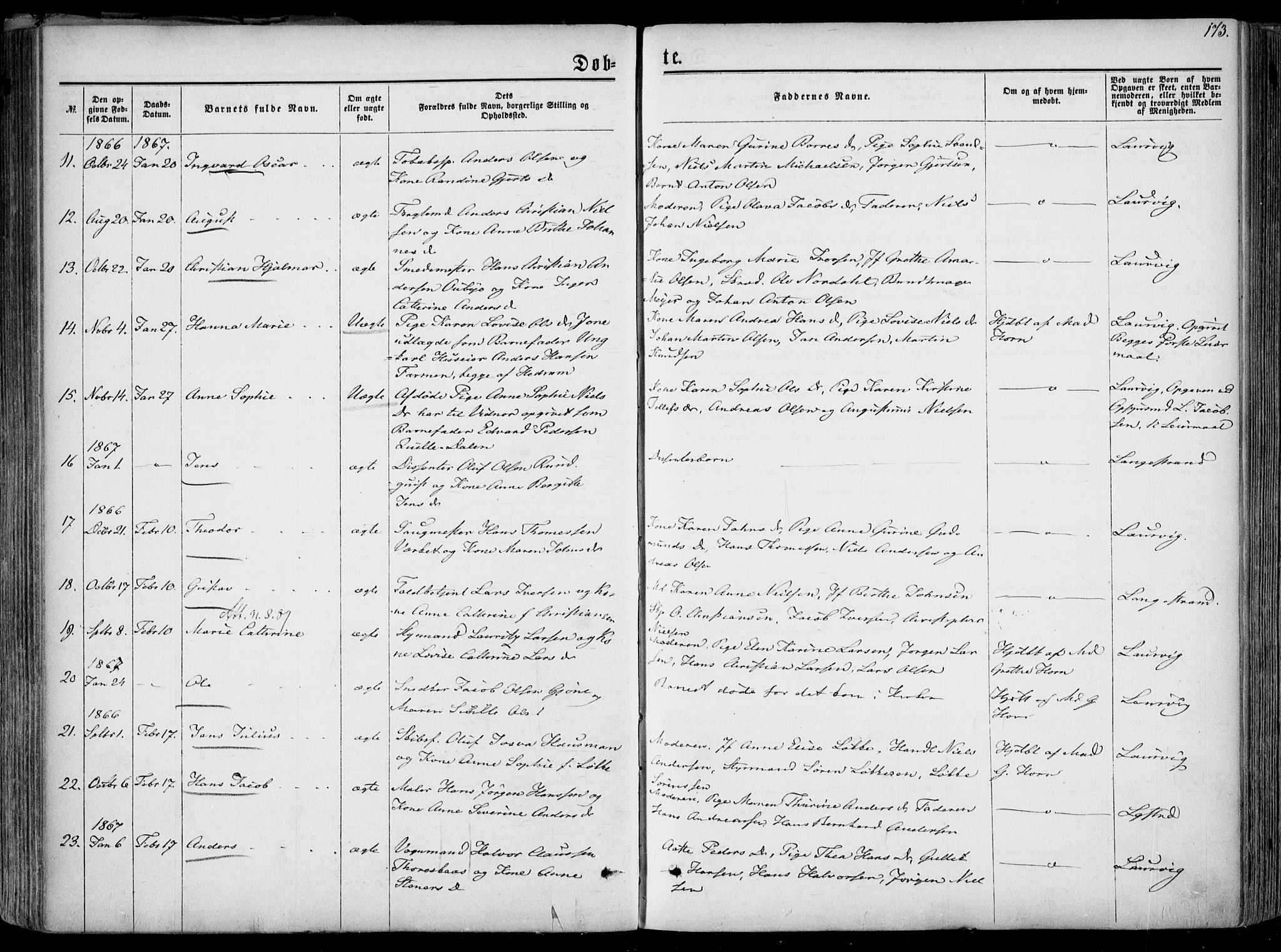 Larvik kirkebøker, AV/SAKO-A-352/F/Fa/L0004: Parish register (official) no. I 4, 1856-1870, p. 173