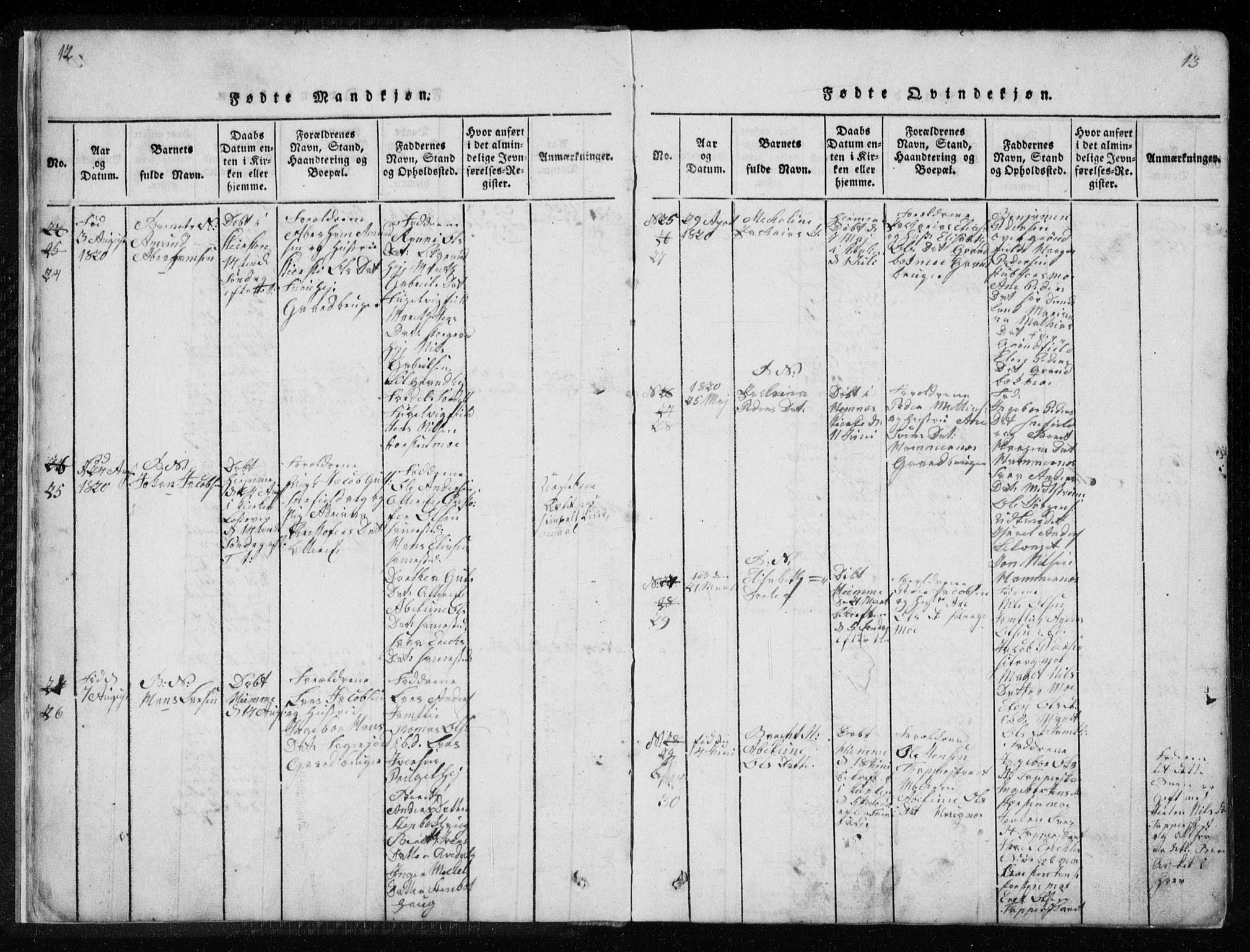 Ministerialprotokoller, klokkerbøker og fødselsregistre - Nordland, SAT/A-1459/827/L0412: Parish register (copy) no. 827C01, 1820-1841, p. 12-13