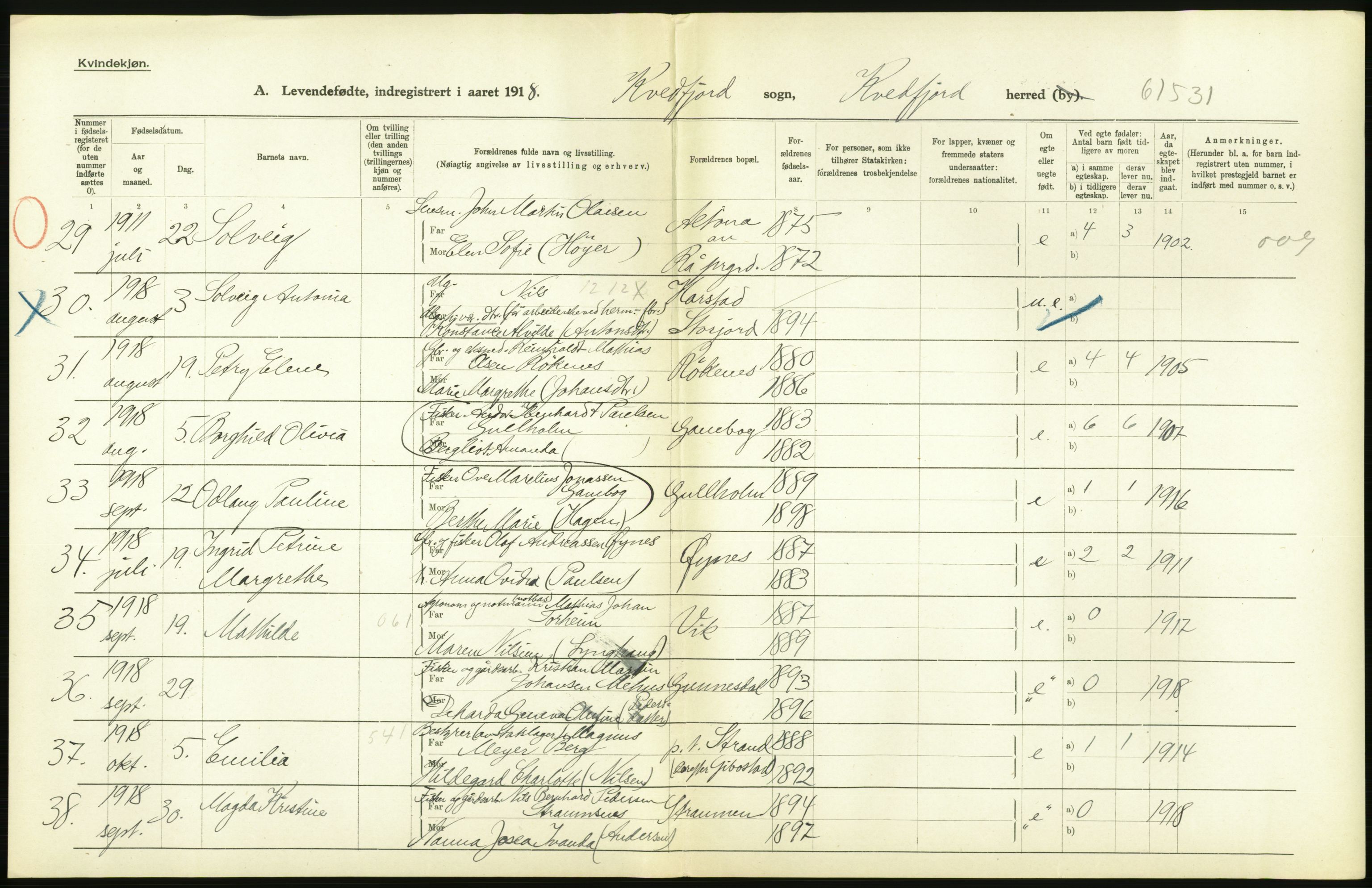 Statistisk sentralbyrå, Sosiodemografiske emner, Befolkning, RA/S-2228/D/Df/Dfb/Dfbh/L0056: Troms fylke: Levendefødte menn og kvinner. Bygder og byer., 1918, p. 260