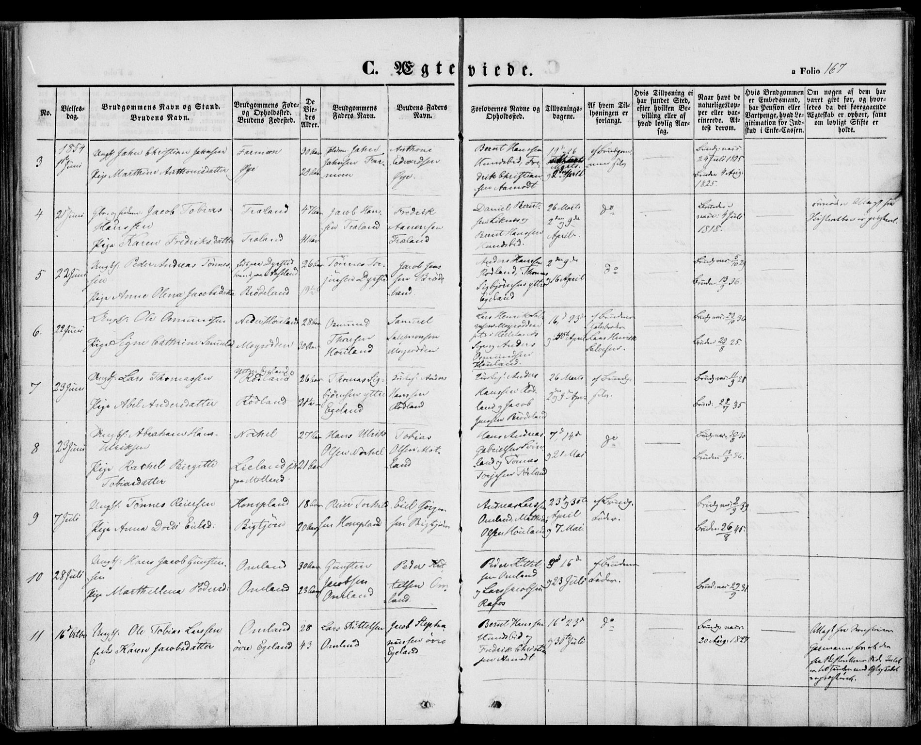 Kvinesdal sokneprestkontor, SAK/1111-0026/F/Fa/Fab/L0005: Parish register (official) no. A 5, 1844-1857, p. 167