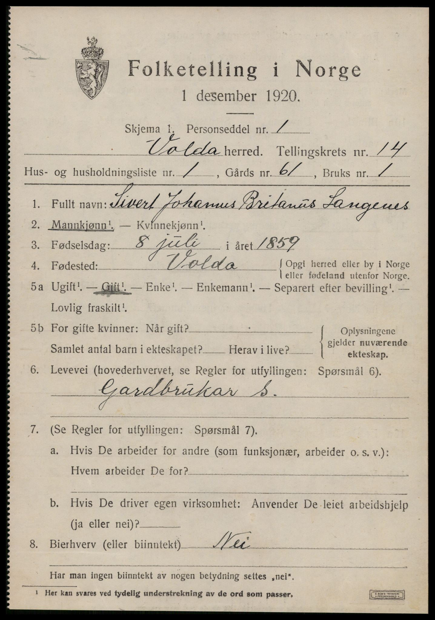 SAT, 1920 census for Volda, 1920, p. 8638