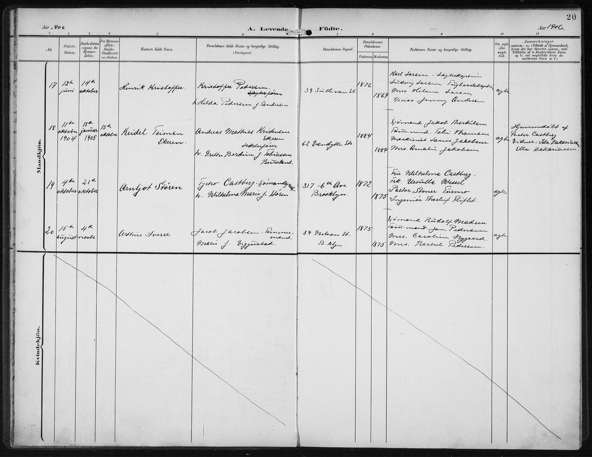 Den norske sjømannsmisjon i utlandet/New York, AV/SAB-SAB/PA-0110/H/Ha/L0005: Parish register (official) no. A 5, 1902-1908, p. 20