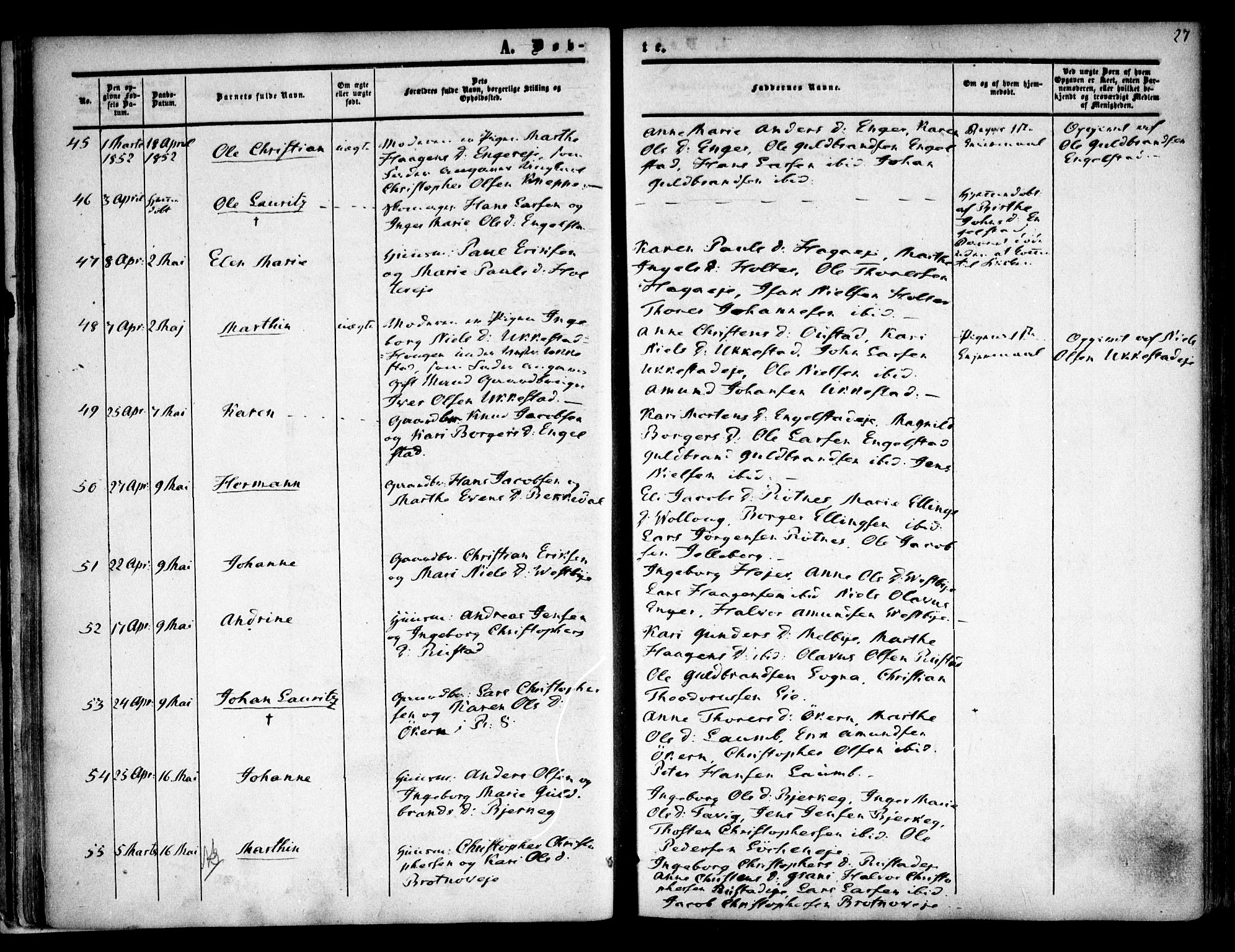 Nannestad prestekontor Kirkebøker, AV/SAO-A-10414a/F/Fa/L0011: Parish register (official) no. I 11, 1850-1859, p. 27