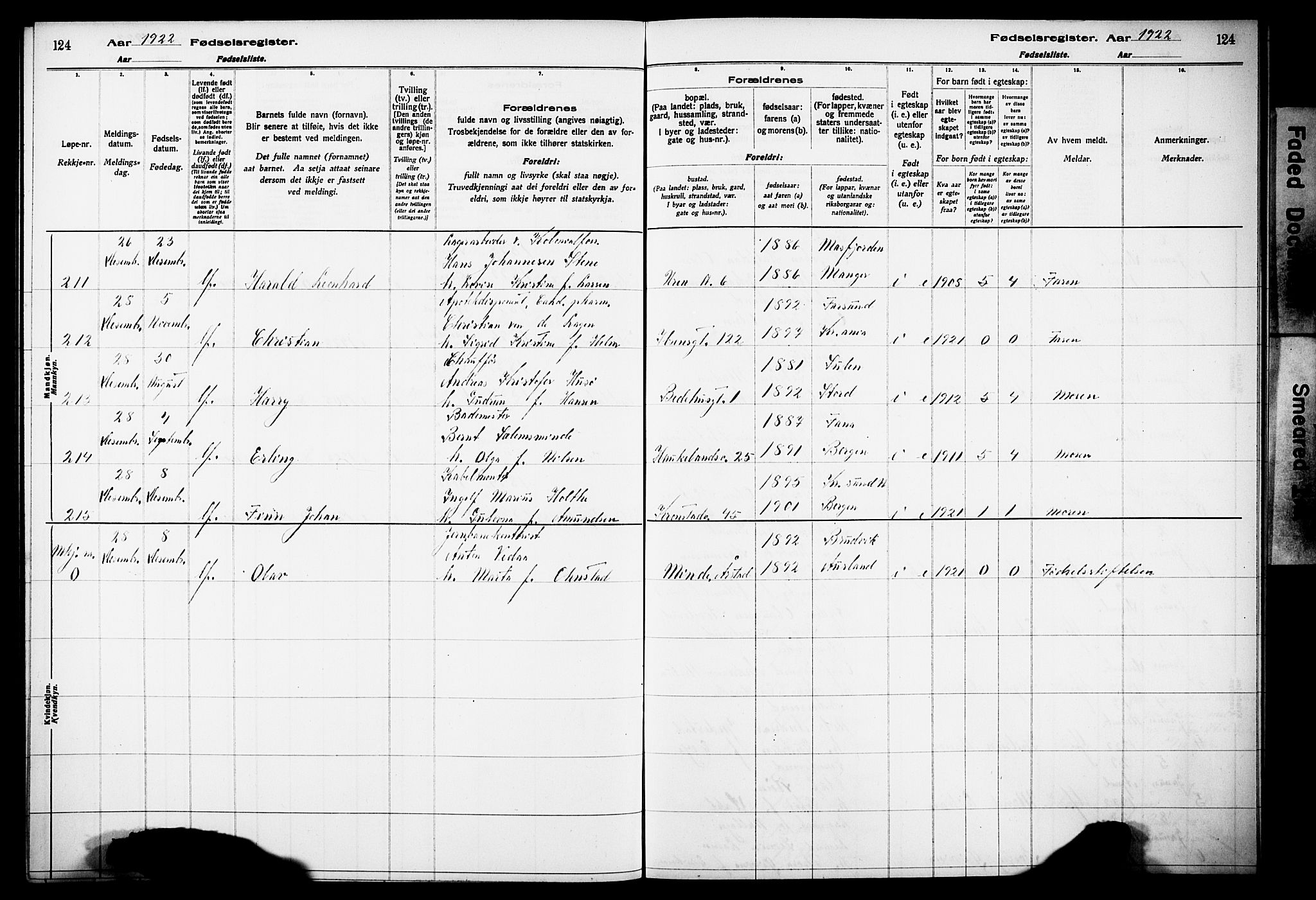 Årstad Sokneprestembete, AV/SAB-A-79301/I/Id/L0A02: Birth register no. A 2, 1920-1924, p. 124