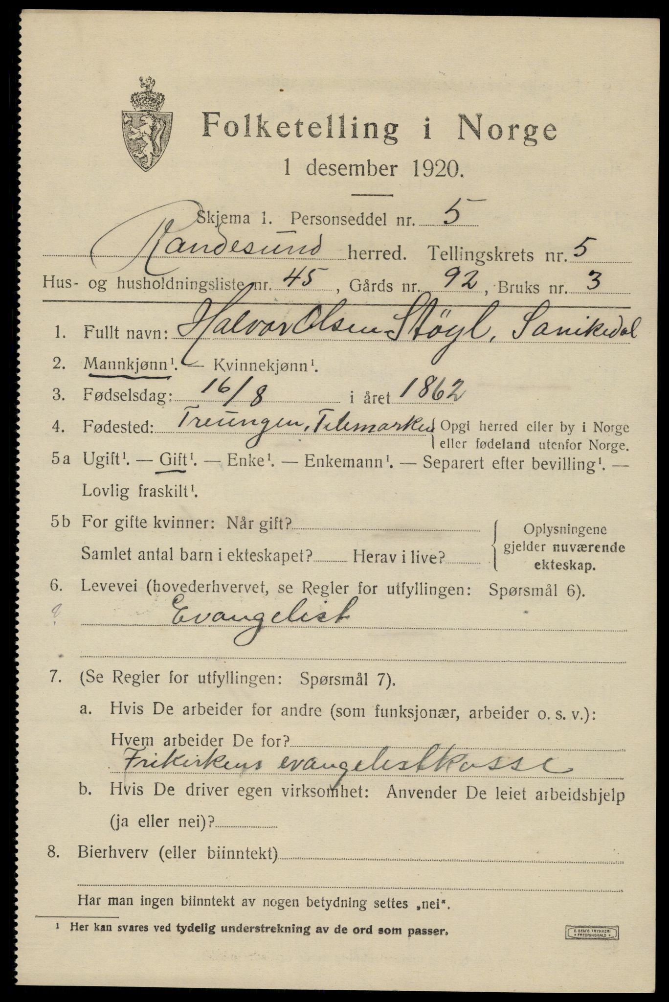 SAK, 1920 census for Randesund, 1920, p. 2744