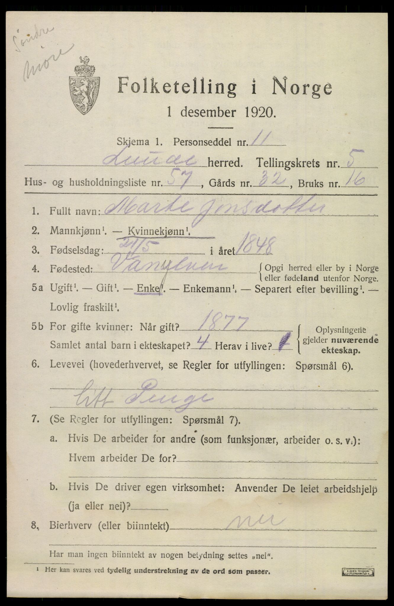 SAKO, 1920 census for Lunde, 1920, p. 4197