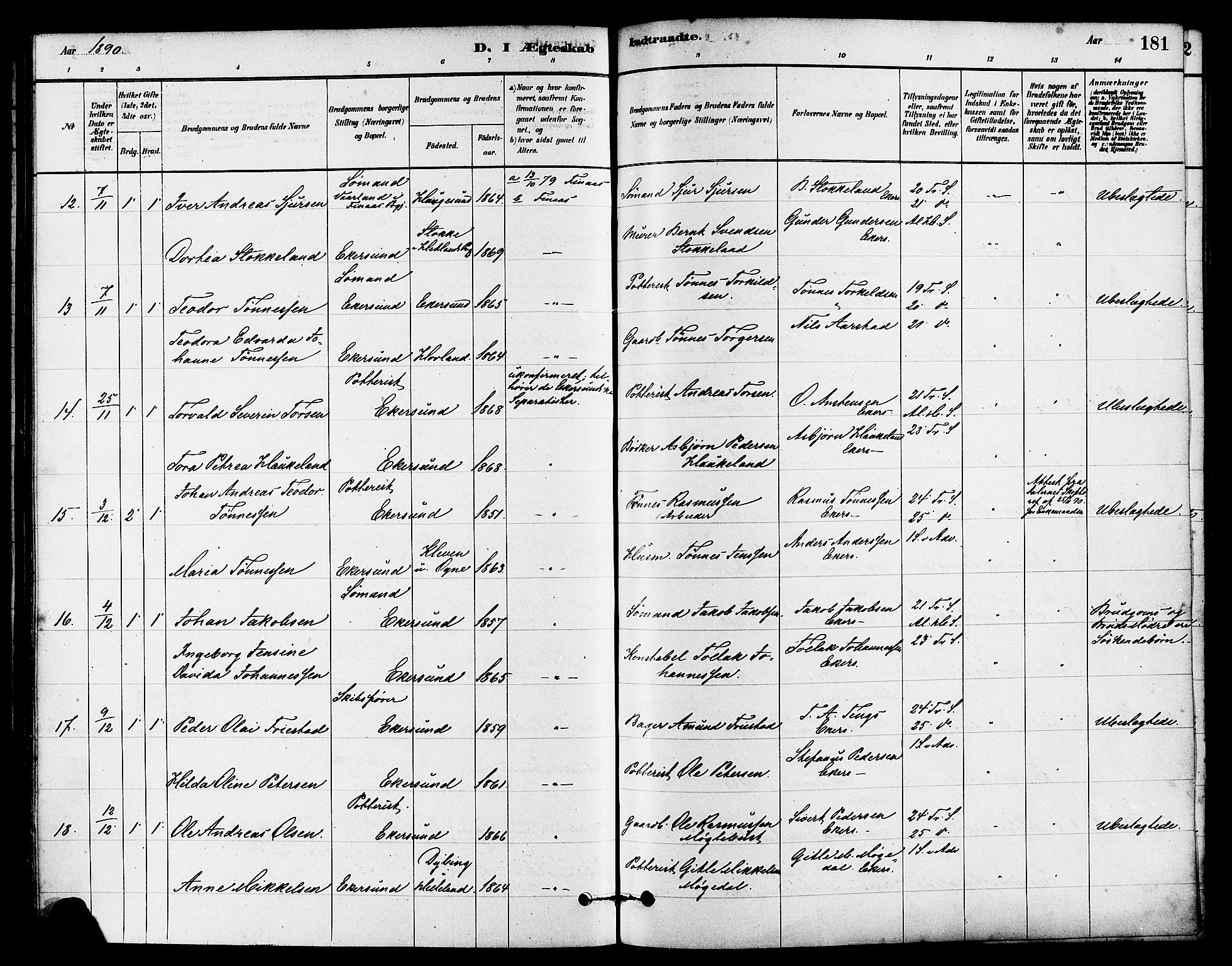 Eigersund sokneprestkontor, AV/SAST-A-101807/S08/L0015: Parish register (official) no. A 15, 1879-1892, p. 181