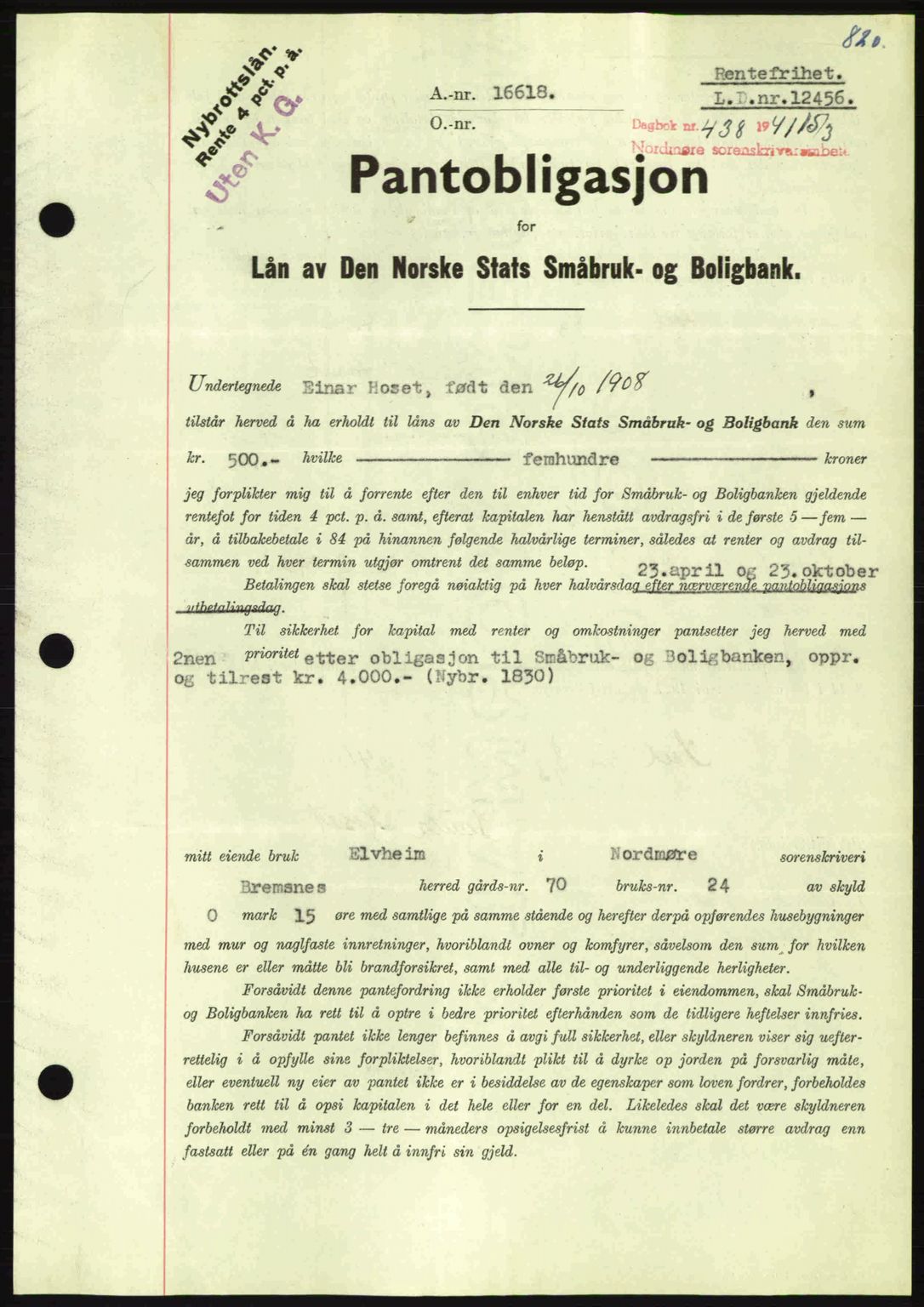 Nordmøre sorenskriveri, AV/SAT-A-4132/1/2/2Ca: Mortgage book no. B87, 1940-1941, Diary no: : 438/1941