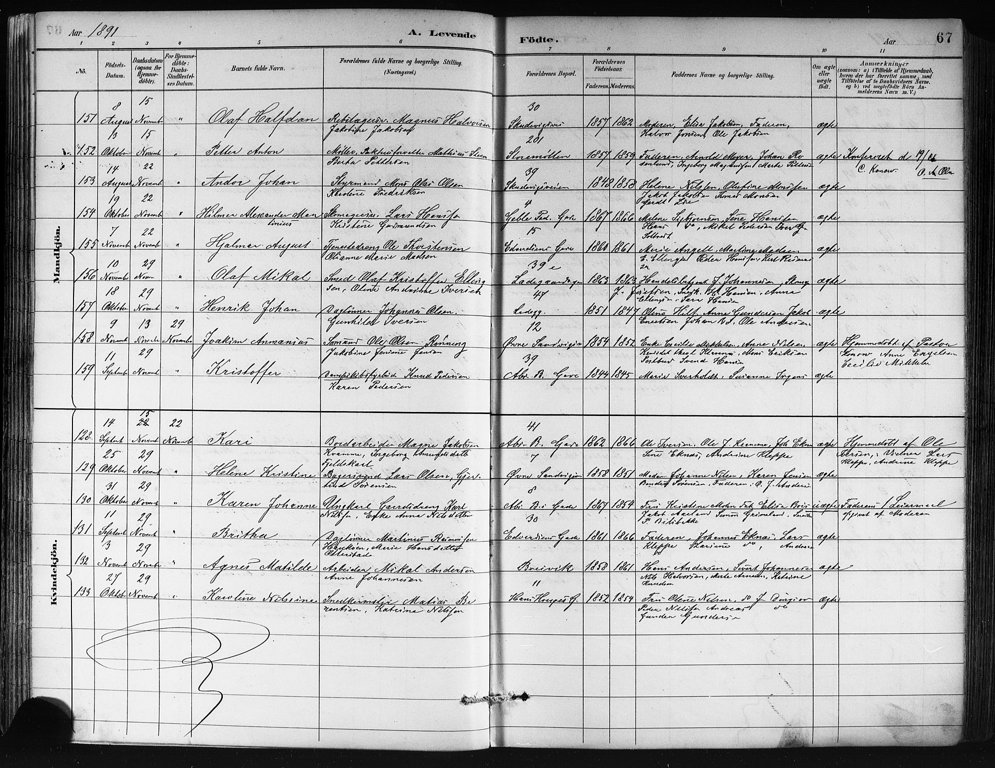 Sandviken Sokneprestembete, AV/SAB-A-77601/H/Hb/L0002: Parish register (copy) no. A 3, 1888-1902, p. 67