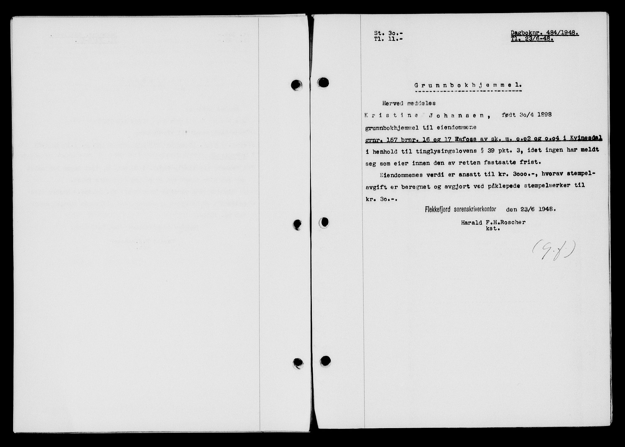 Flekkefjord sorenskriveri, SAK/1221-0001/G/Gb/Gba/L0063: Mortgage book no. A-11, 1947-1948, Diary no: : 484/1948