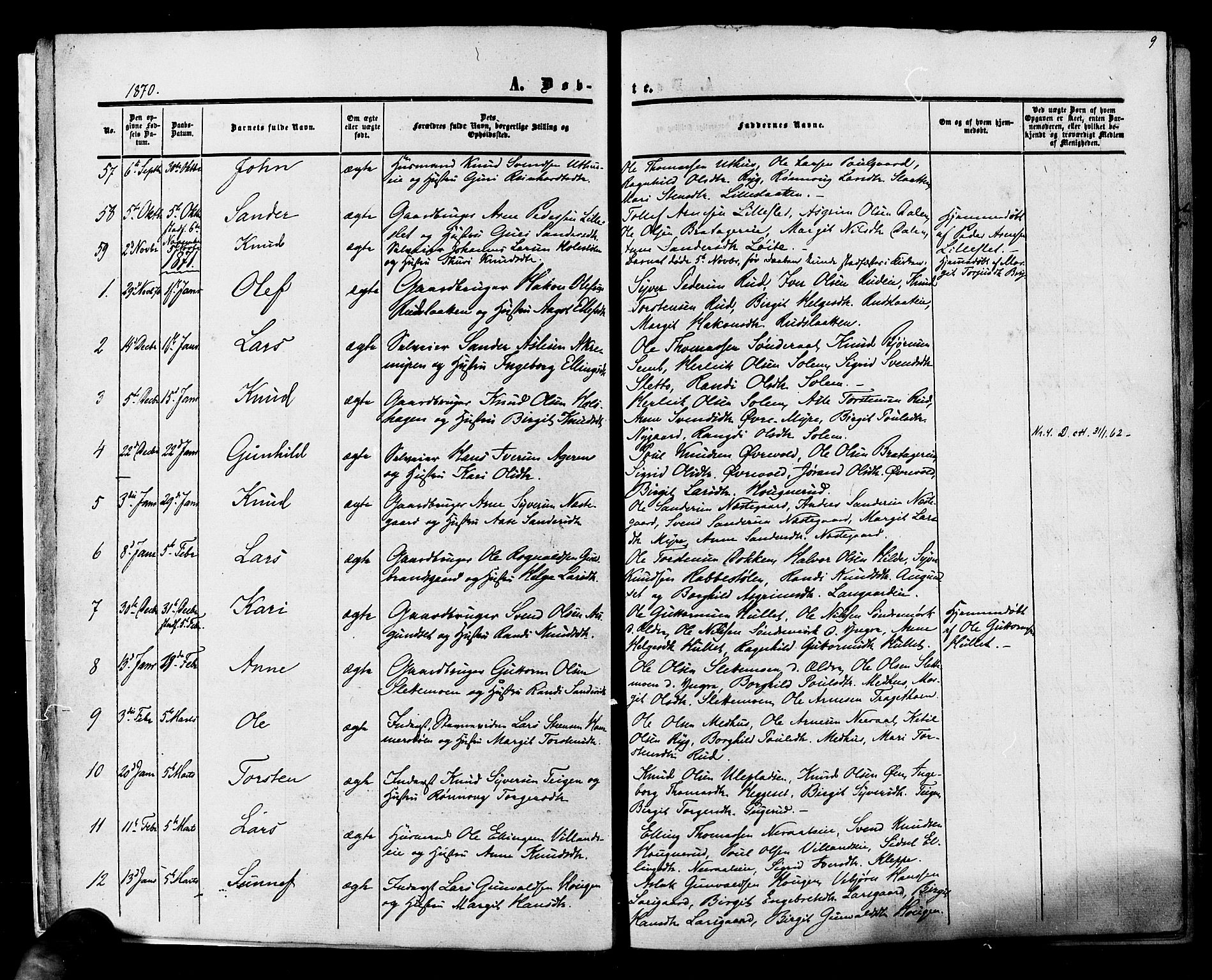 Hol kirkebøker, SAKO/A-227/F/Fa/L0002: Parish register (official) no. I 2, 1870-1886, p. 9