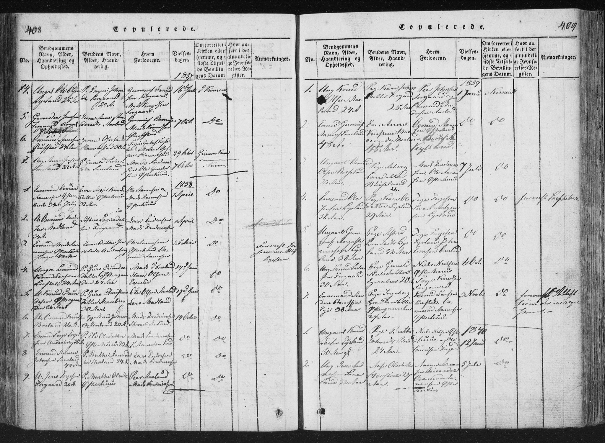 Åseral sokneprestkontor, SAK/1111-0051/F/Fa/L0001: Parish register (official) no. A 1, 1815-1853, p. 408-409