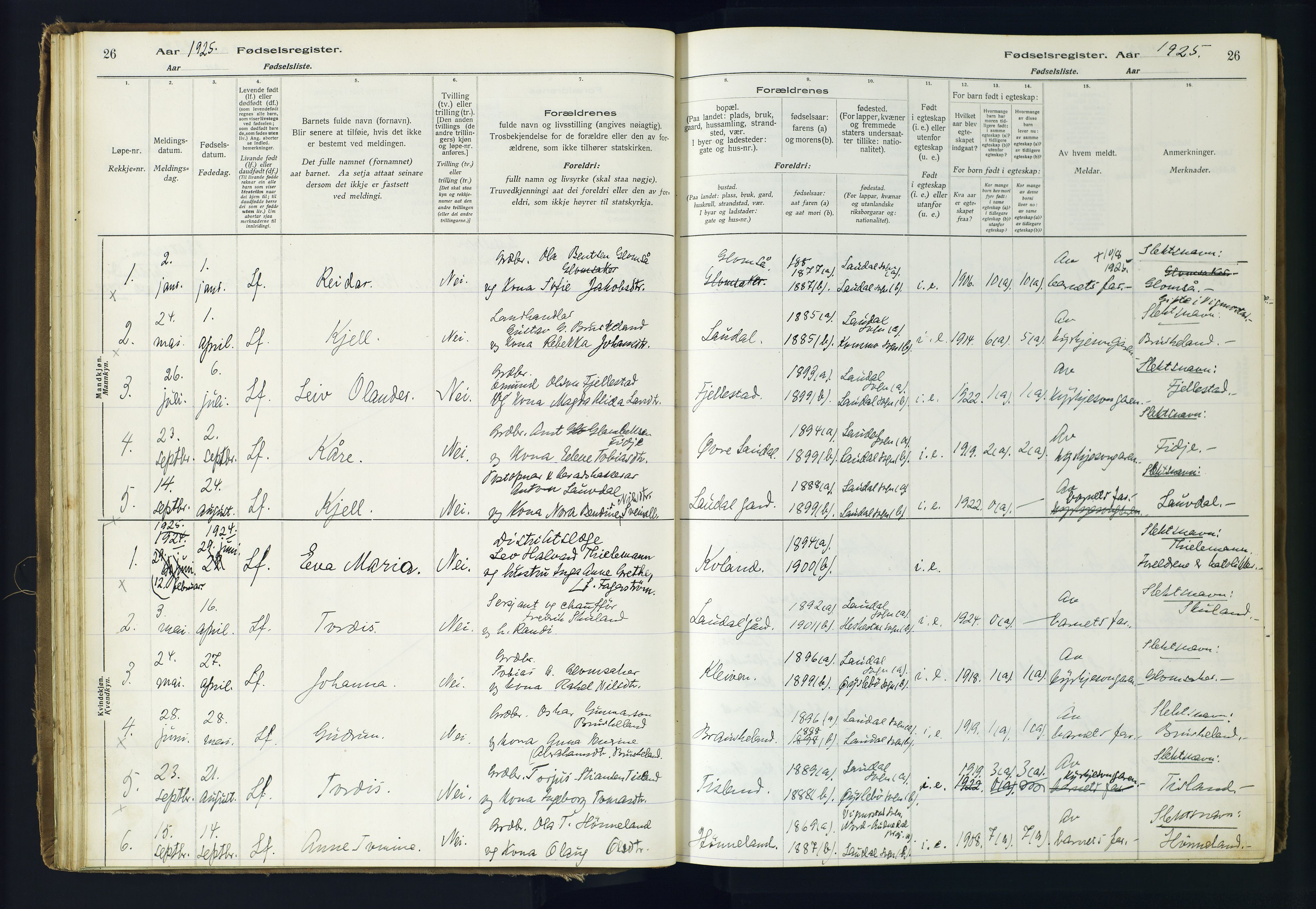 Holum sokneprestkontor, AV/SAK-1111-0022/J/Ja/L0001: Birth register no. II.6.10, 1916-1982, p. 26