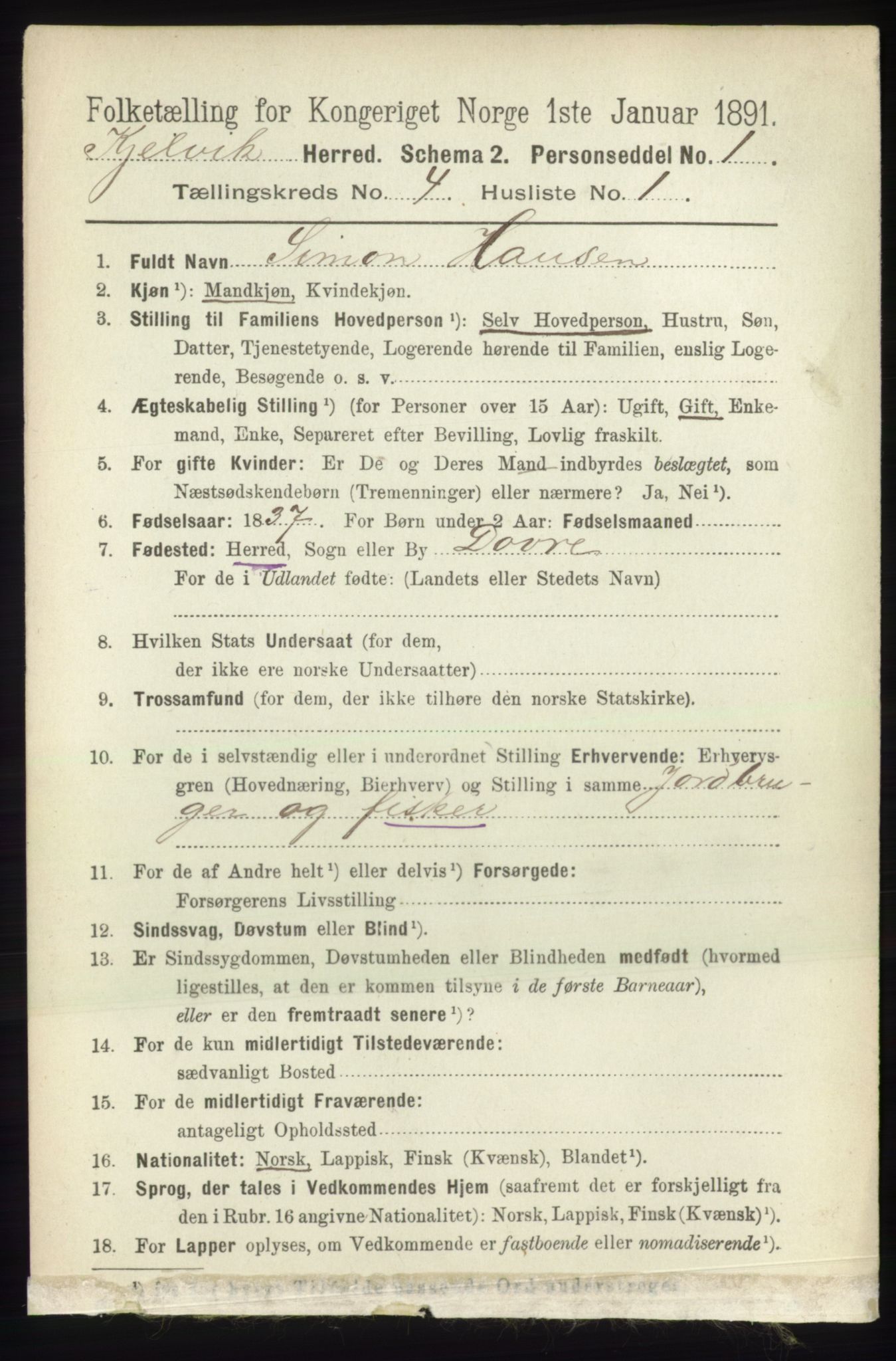 RA, 1891 census for 2019 Kjelvik, 1891, p. 424