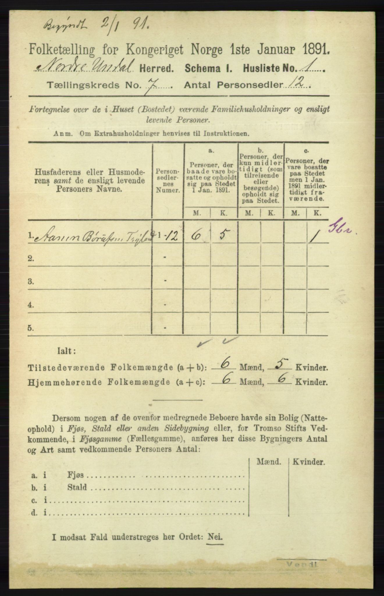 RA, 1891 census for 1028 Nord-Audnedal, 1891, p. 1733