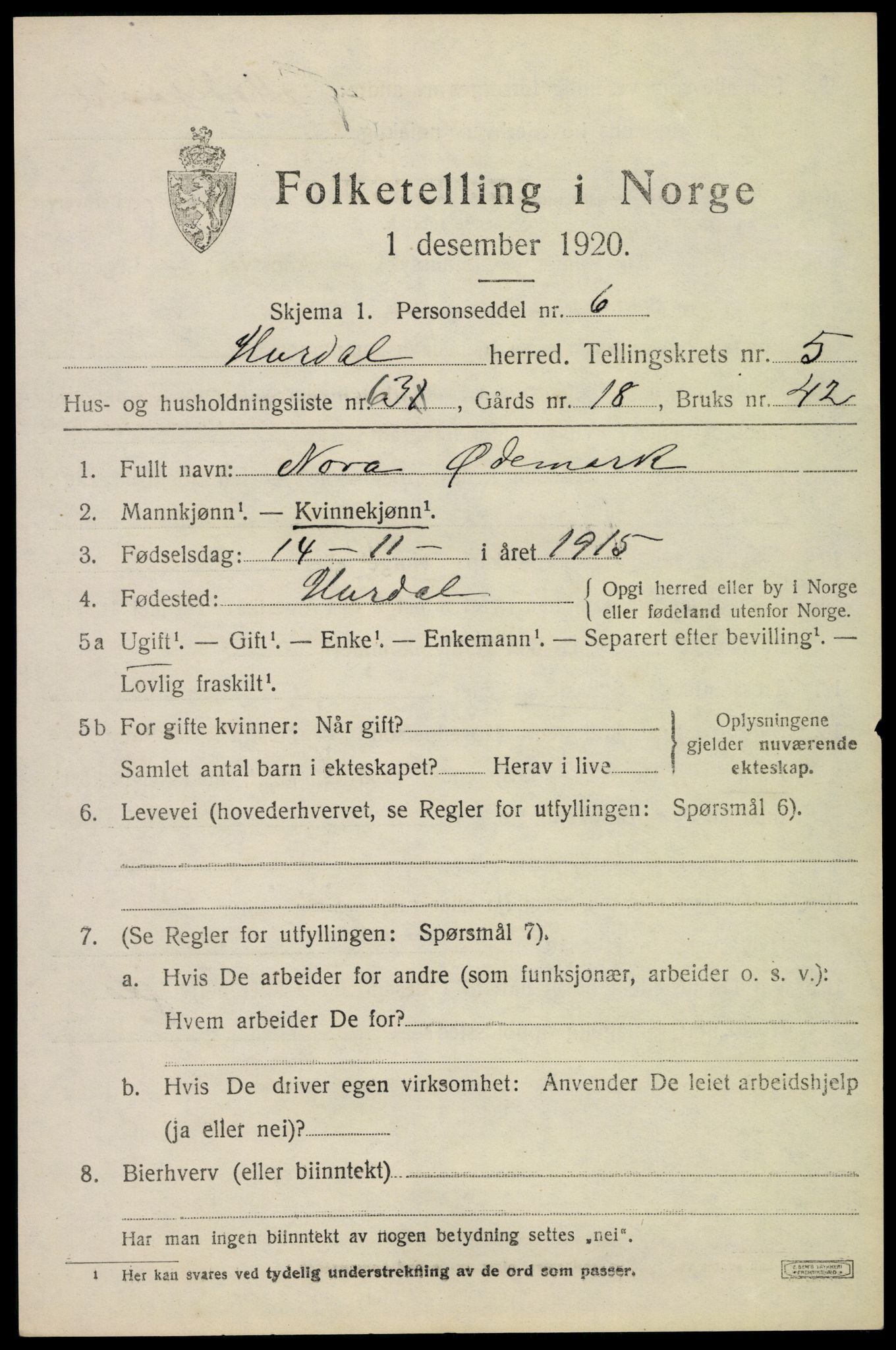SAO, 1920 census for Hurdal, 1920, p. 3612