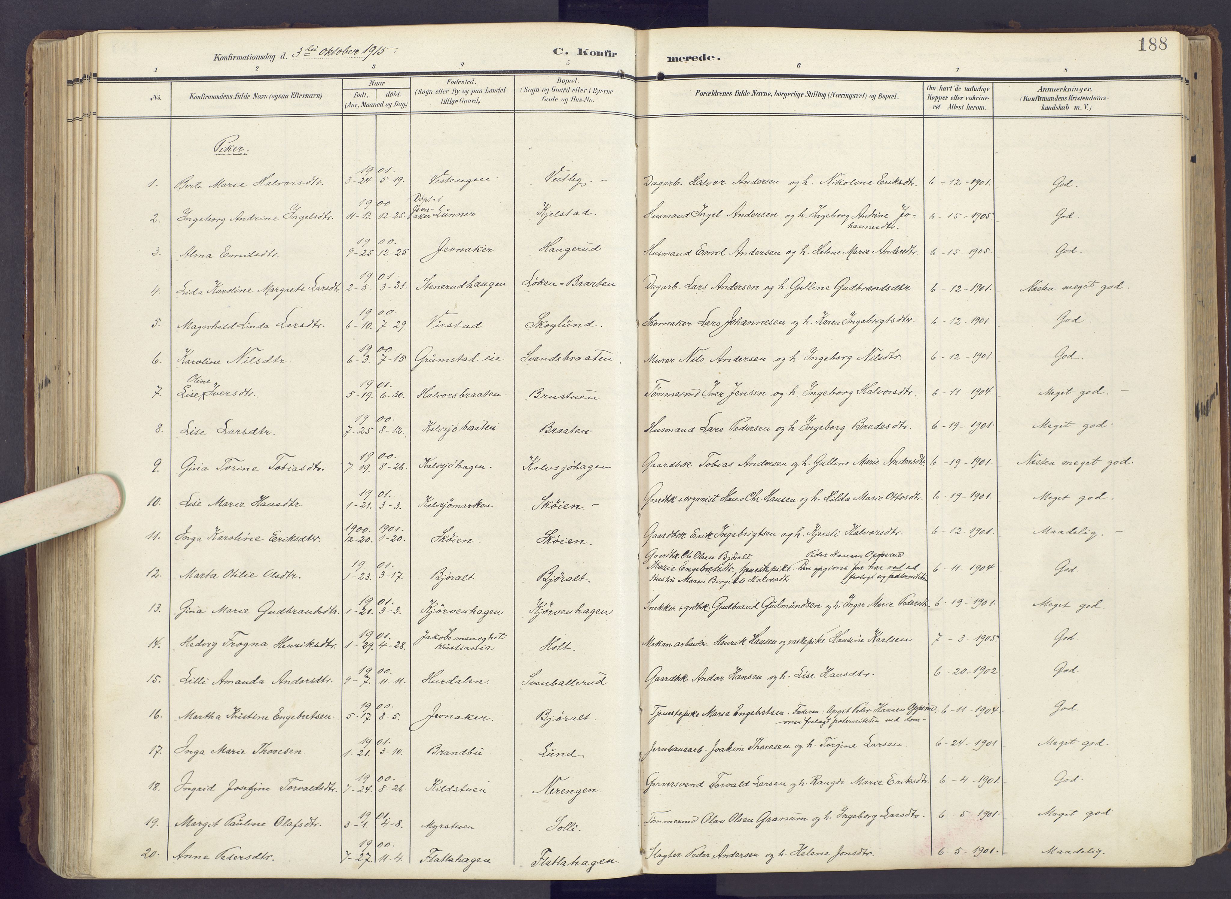 Lunner prestekontor, SAH/PREST-118/H/Ha/Haa/L0001: Parish register (official) no. 1, 1907-1922, p. 188