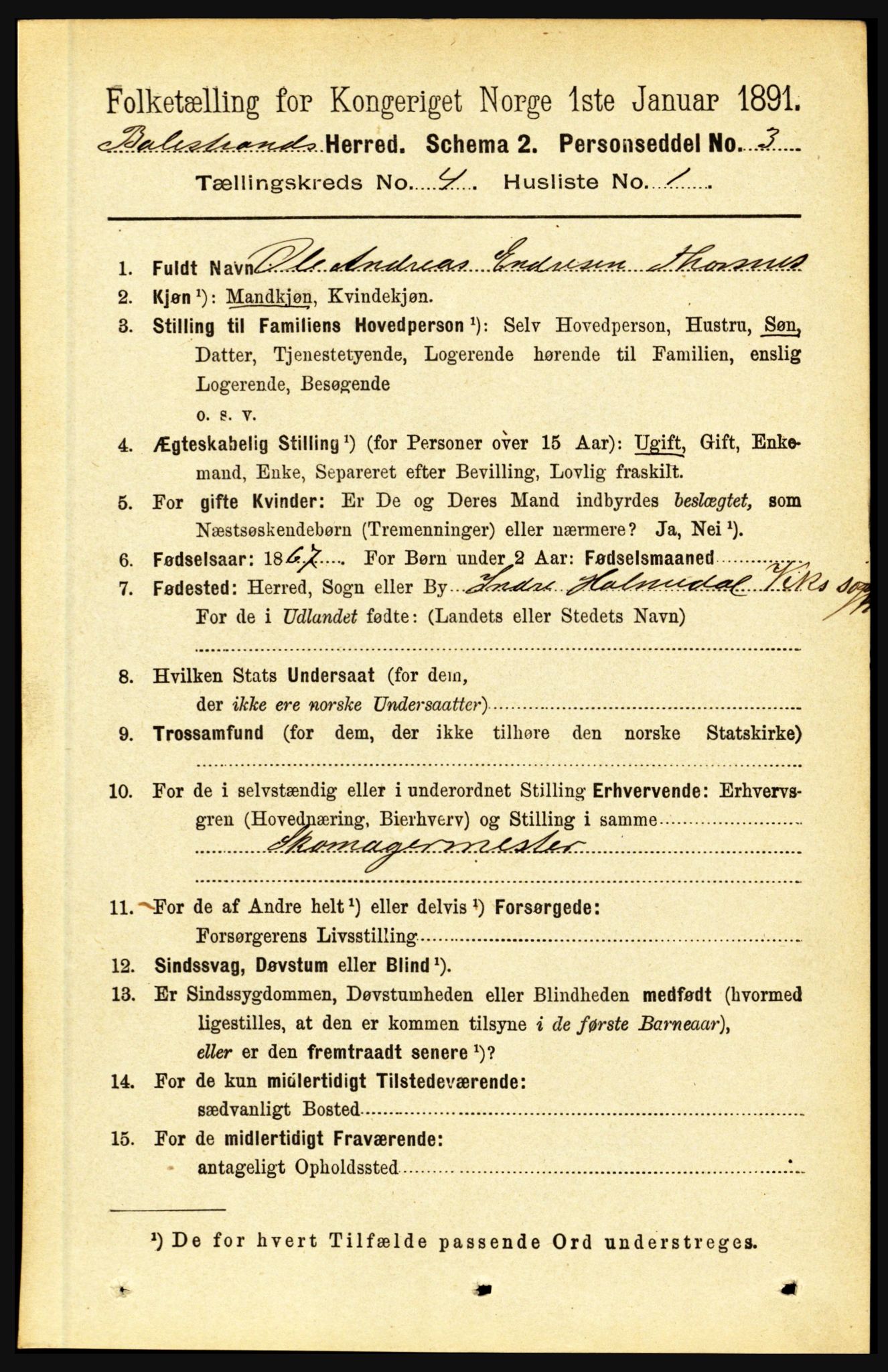 RA, 1891 census for 1418 Balestrand, 1891, p. 842