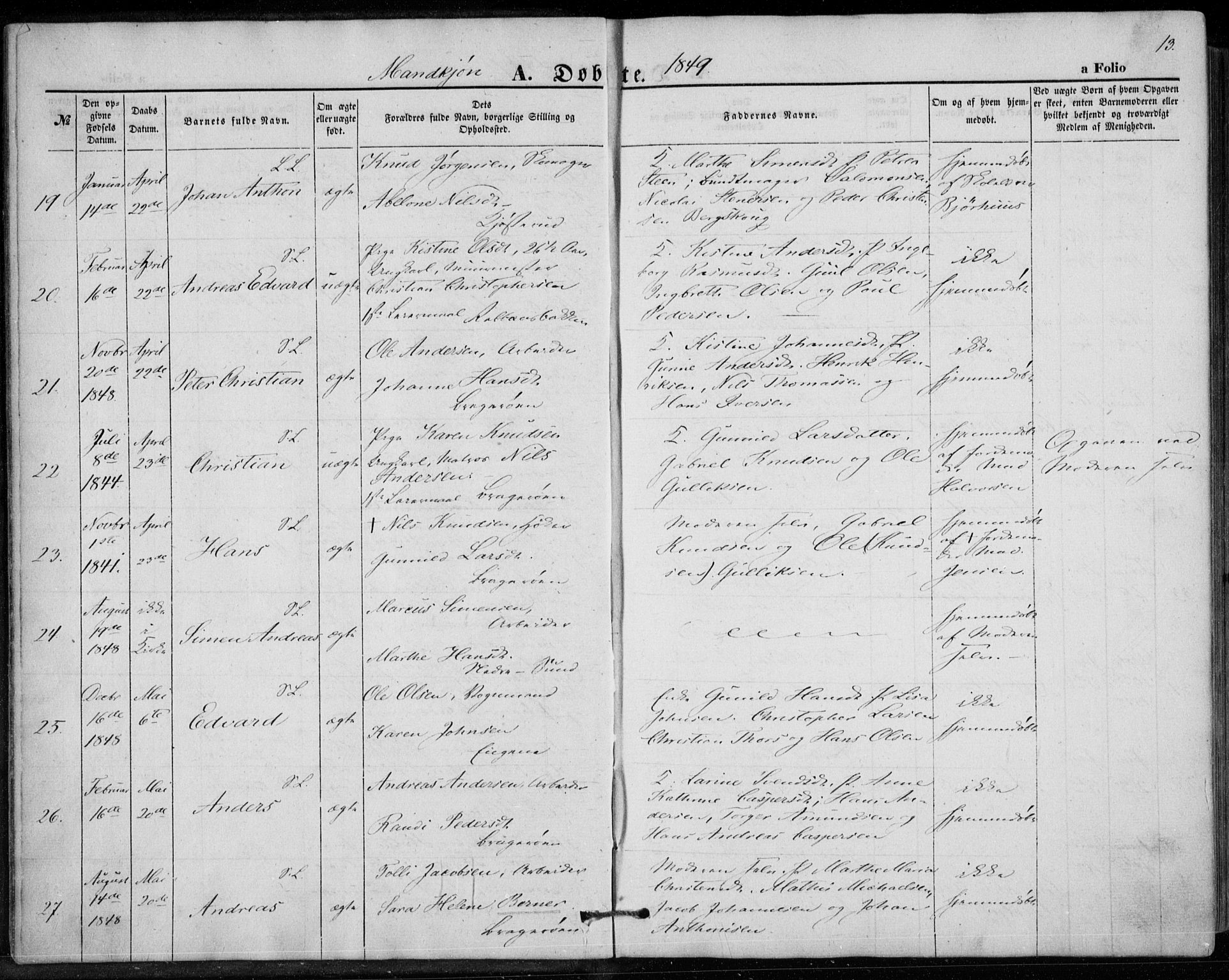 Bragernes kirkebøker, SAKO/A-6/F/Fb/L0002: Parish register (official) no. II 2, 1848-1859, p. 13