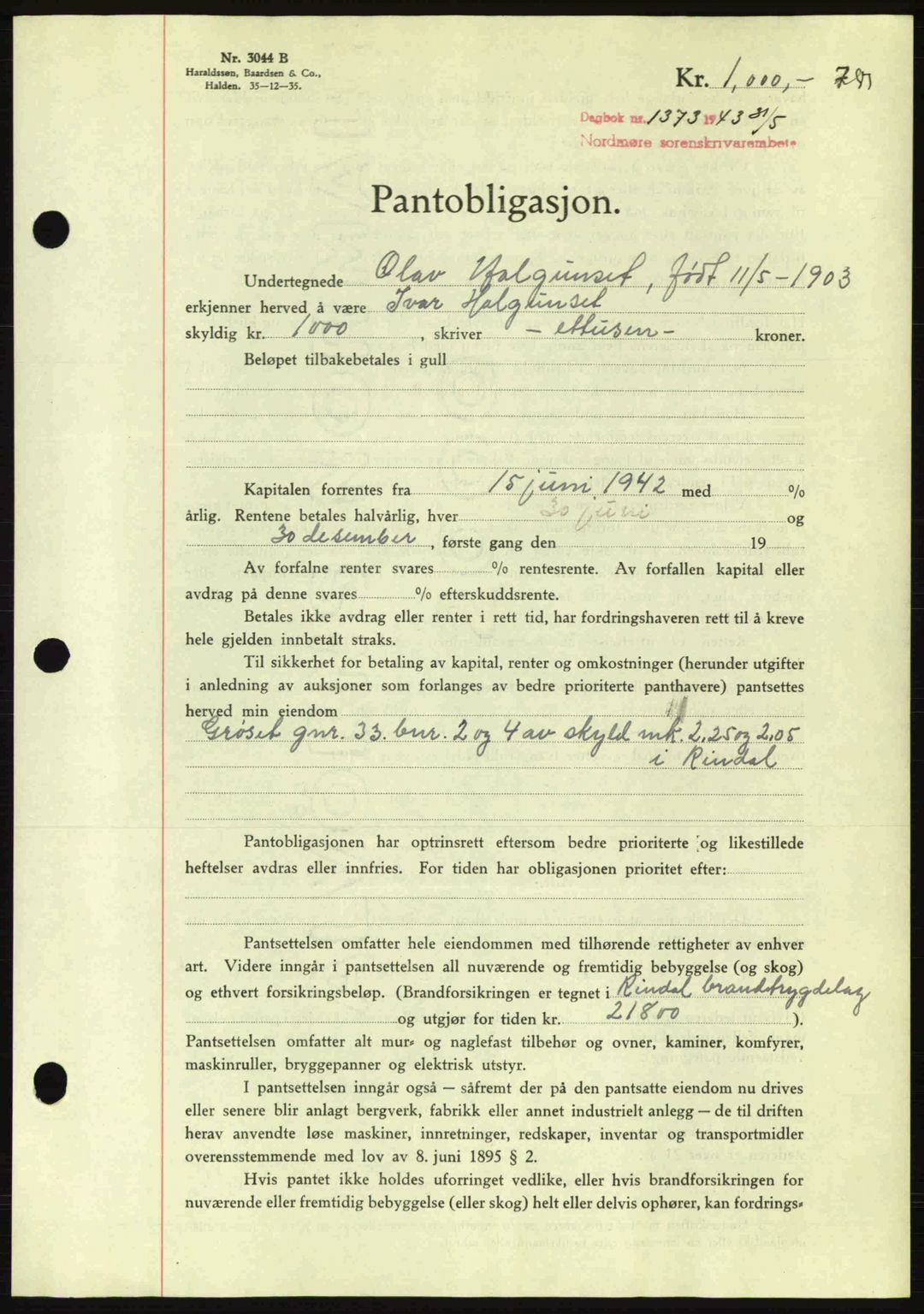 Nordmøre sorenskriveri, AV/SAT-A-4132/1/2/2Ca: Mortgage book no. B90, 1942-1943, Diary no: : 1373/1943