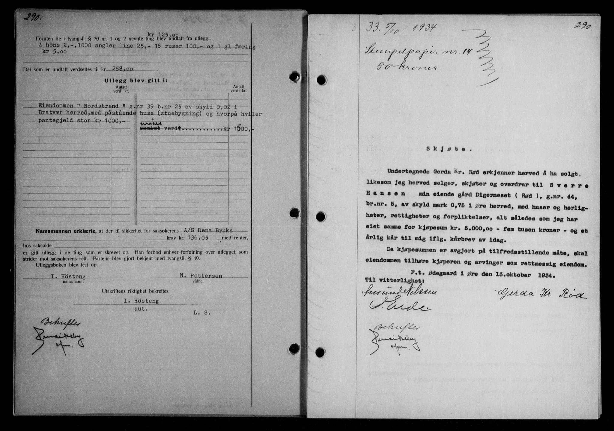 Nordmøre sorenskriveri, AV/SAT-A-4132/1/2/2Ca/L0082: Mortgage book no. 72, 1934-1934, Deed date: 05.10.1934