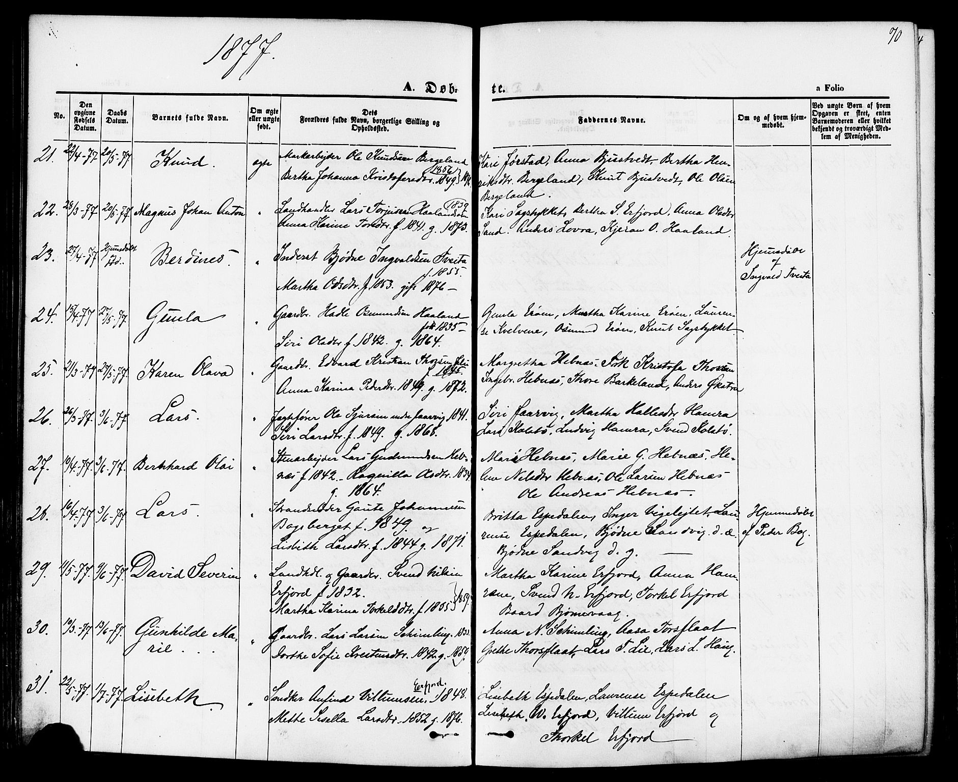 Jelsa sokneprestkontor, AV/SAST-A-101842/01/IV: Parish register (official) no. A 8, 1867-1883, p. 70