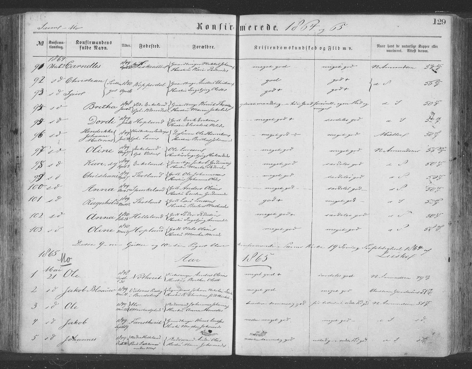 Hosanger sokneprestembete, SAB/A-75801/H/Haa: Parish register (official) no. A 9, 1864-1876, p. 129