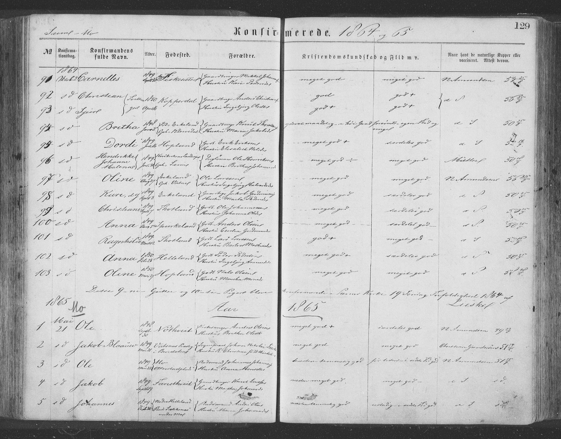 Hosanger sokneprestembete, AV/SAB-A-75801/H/Haa: Parish register (official) no. A 9, 1864-1876, p. 129
