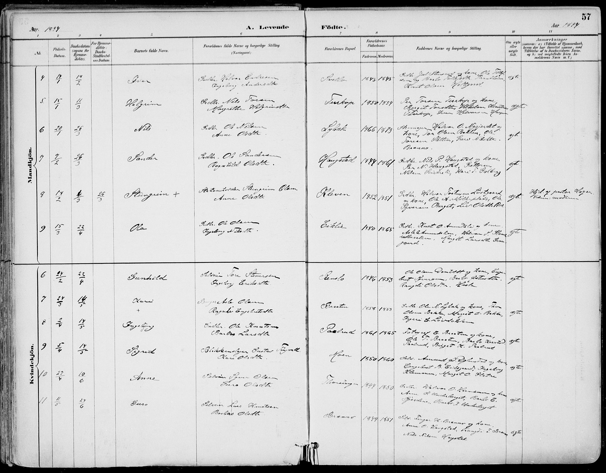 Gol kirkebøker, AV/SAKO-A-226/F/Fa/L0005: Parish register (official) no. I 5, 1887-1900, p. 57