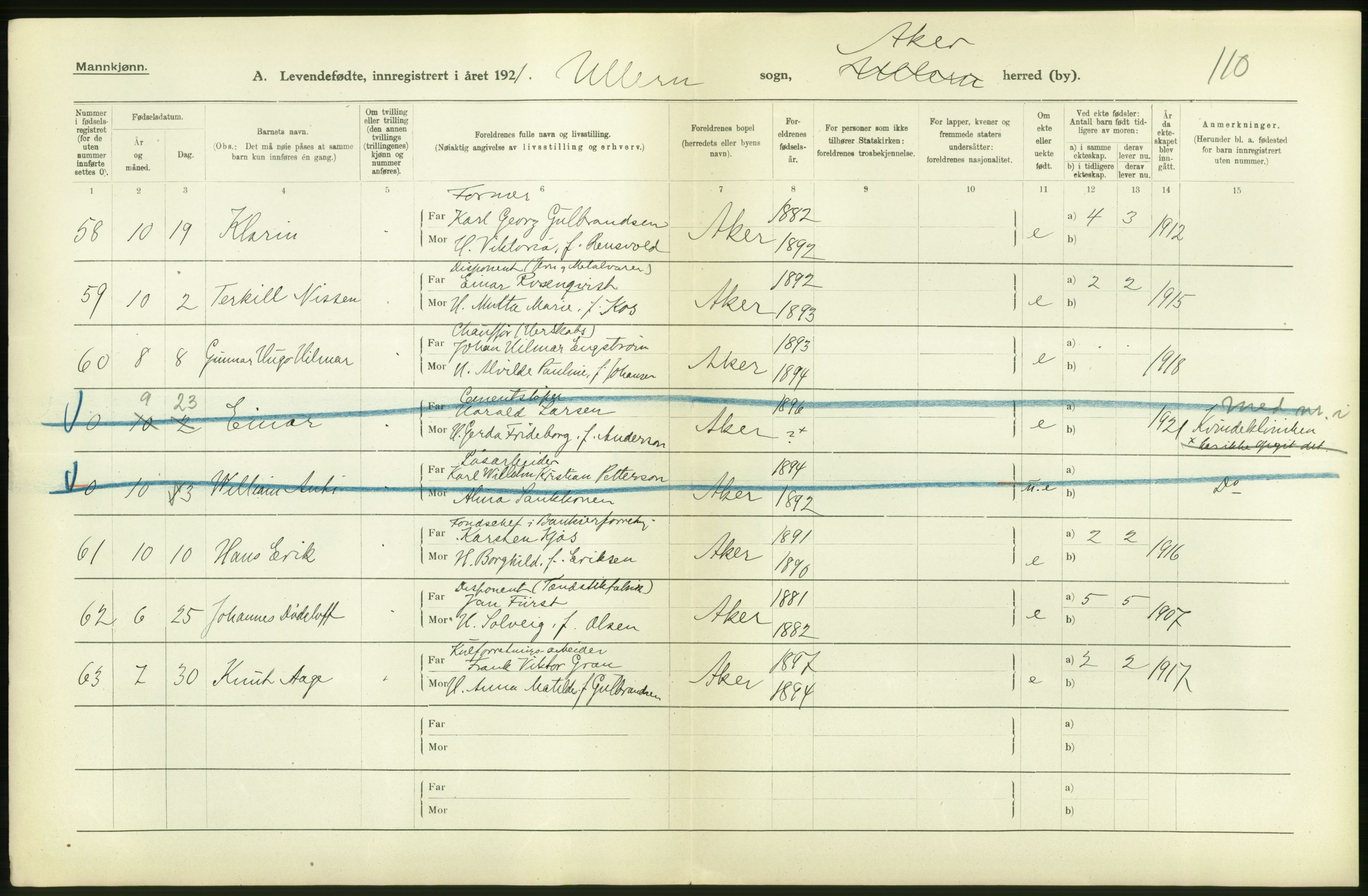 Statistisk sentralbyrå, Sosiodemografiske emner, Befolkning, AV/RA-S-2228/D/Df/Dfc/Dfca/L0004: Akershus fylke: Levendefødte menn og kvinner. Bygder., 1921, p. 26