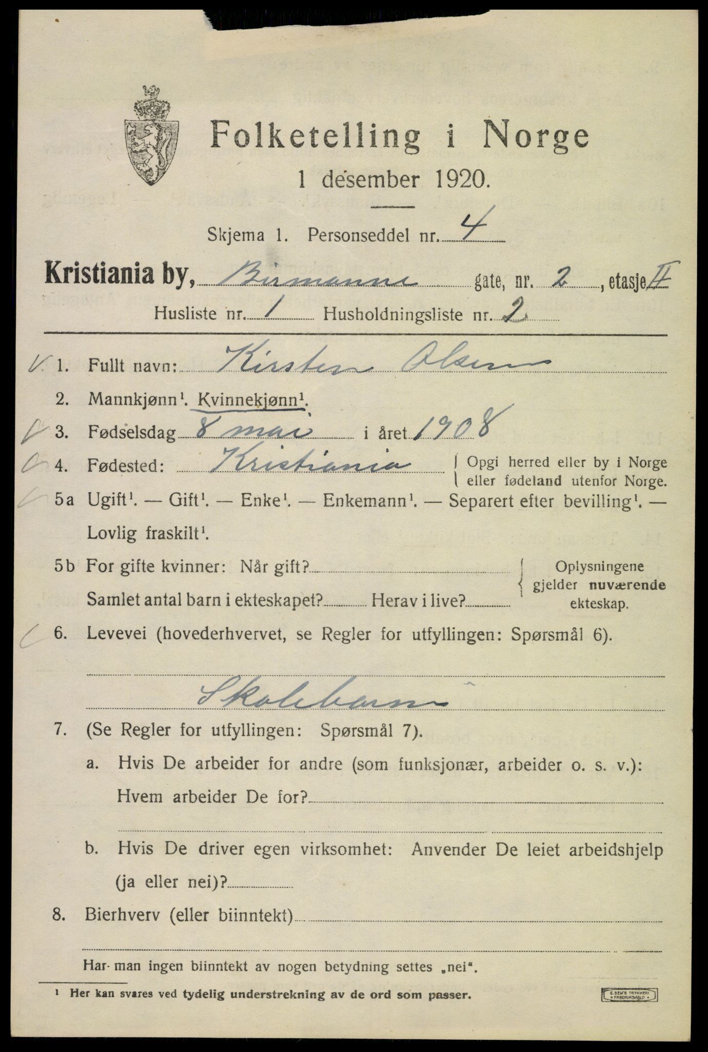 SAO, 1920 census for Kristiania, 1920, p. 155391