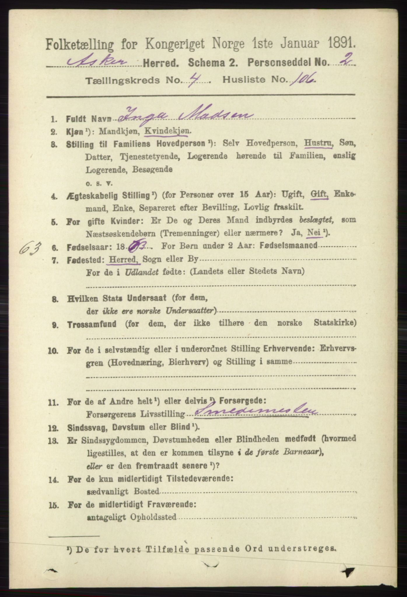 RA, 1891 census for 0220 Asker, 1891, p. 3626