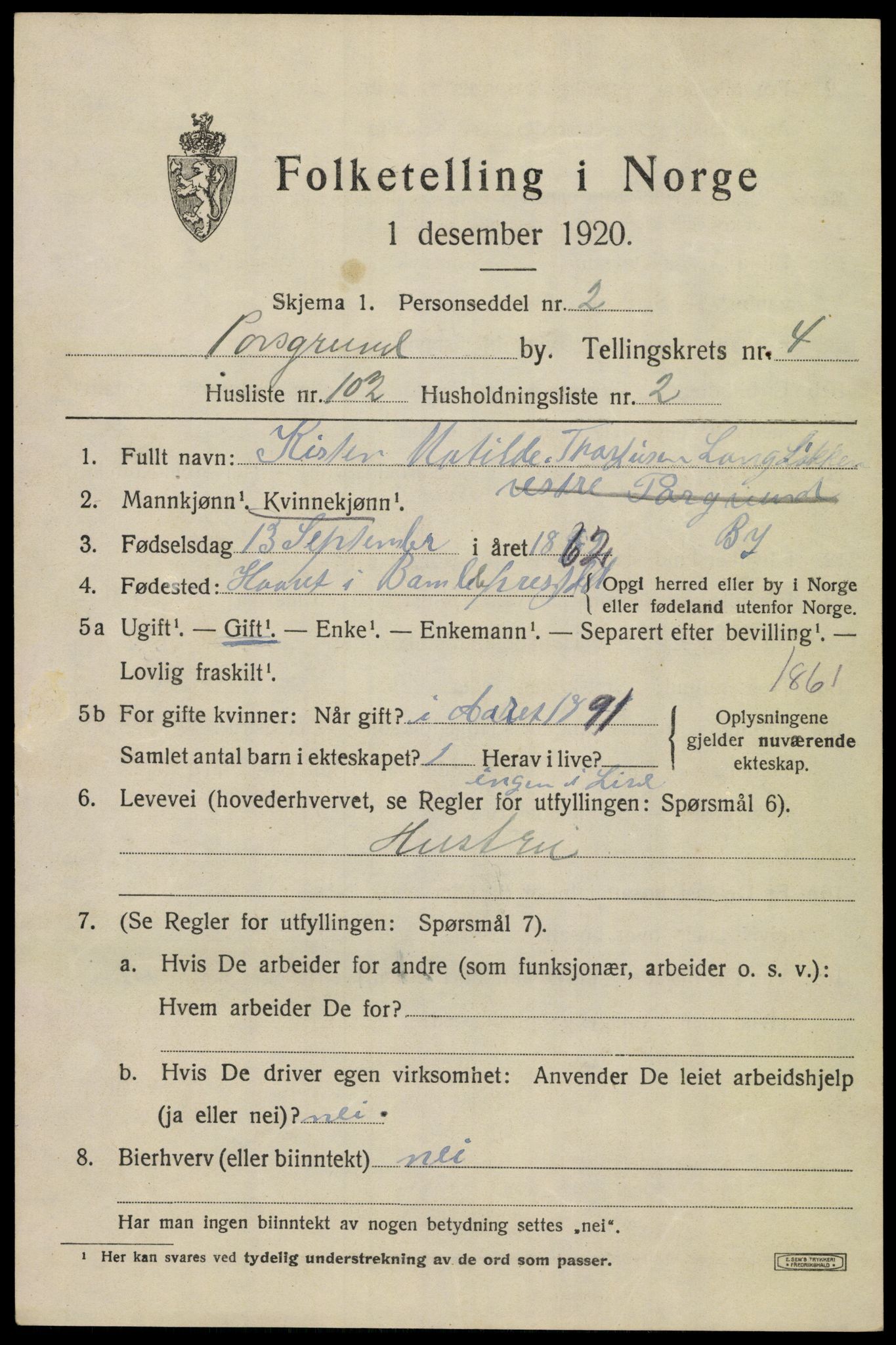 SAKO, 1920 census for Porsgrunn, 1920, p. 19889
