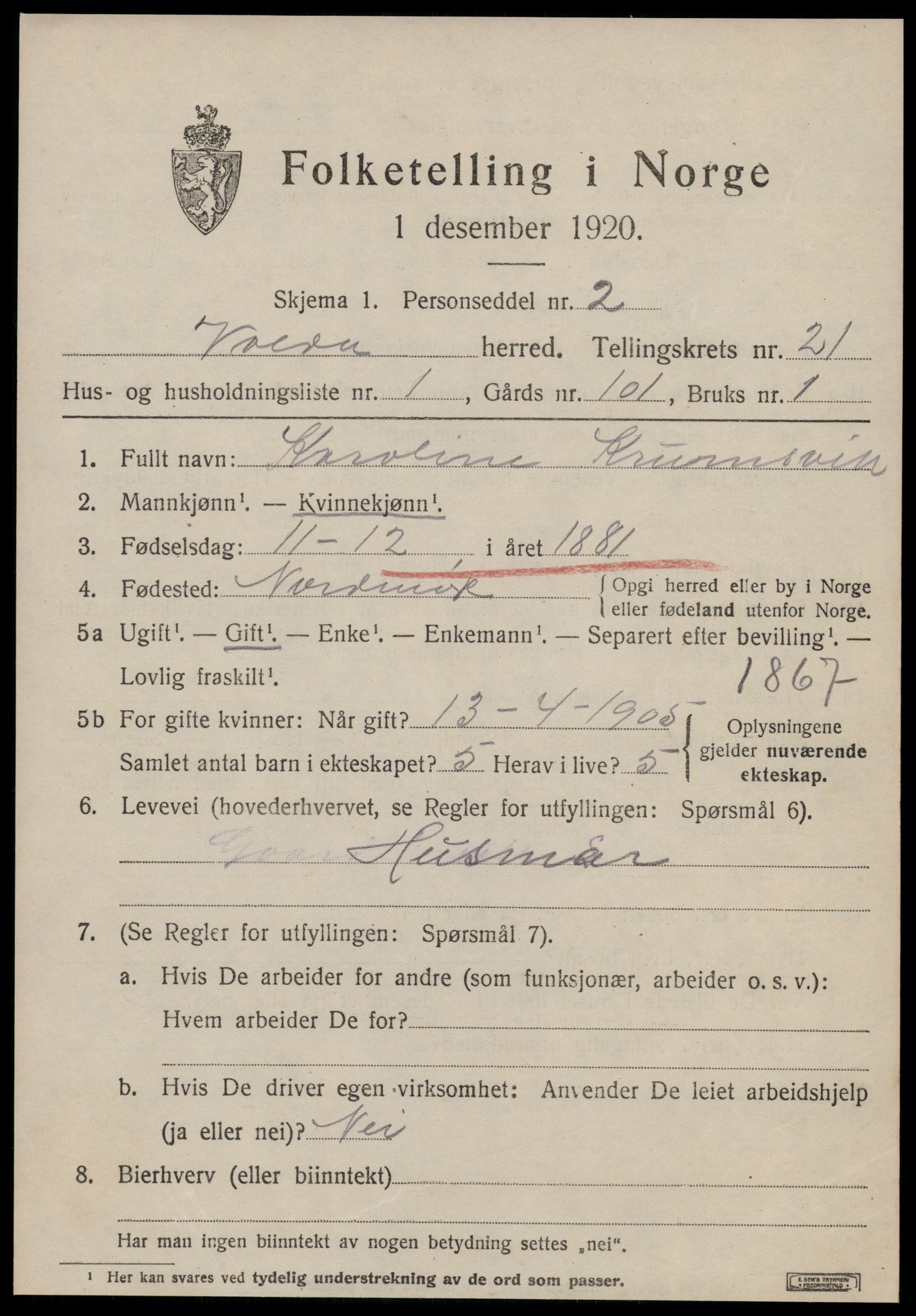 SAT, 1920 census for Volda, 1920, p. 10930