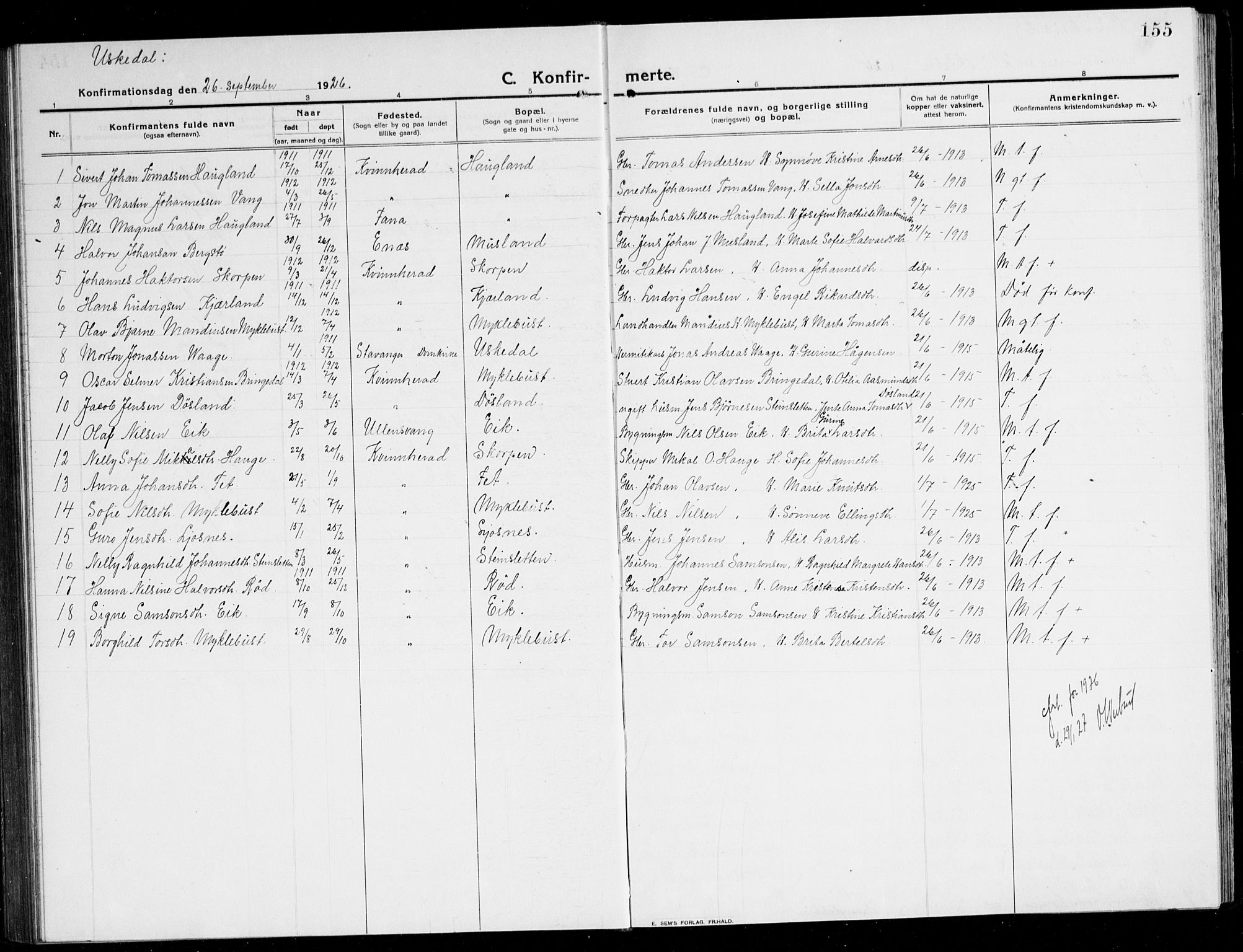 Kvinnherad sokneprestembete, SAB/A-76401/H/Hab: Parish register (copy) no. A 3, 1911-1945, p. 155