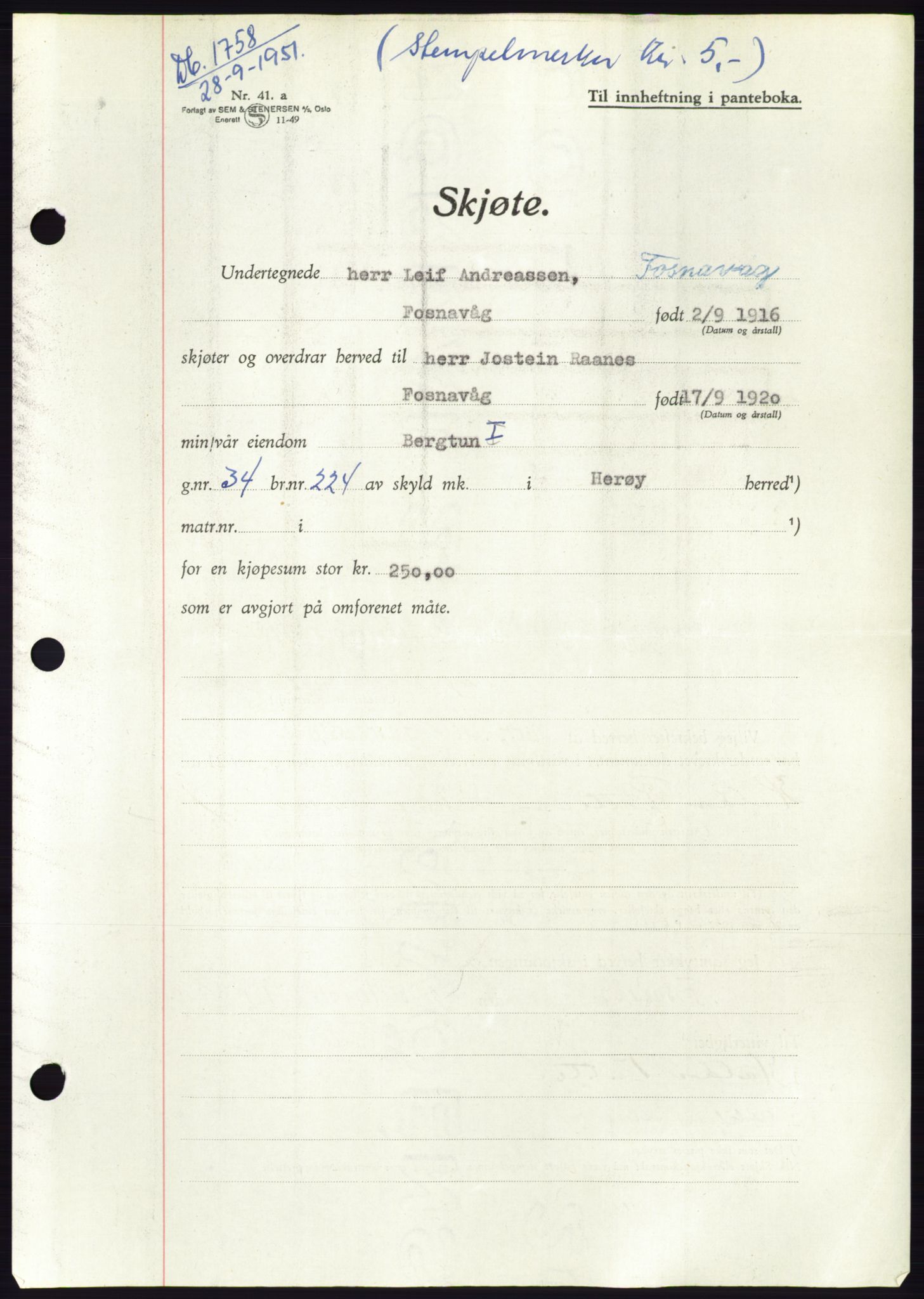 Søre Sunnmøre sorenskriveri, AV/SAT-A-4122/1/2/2C/L0090: Mortgage book no. 16A, 1951-1951, Diary no: : 1758/1951